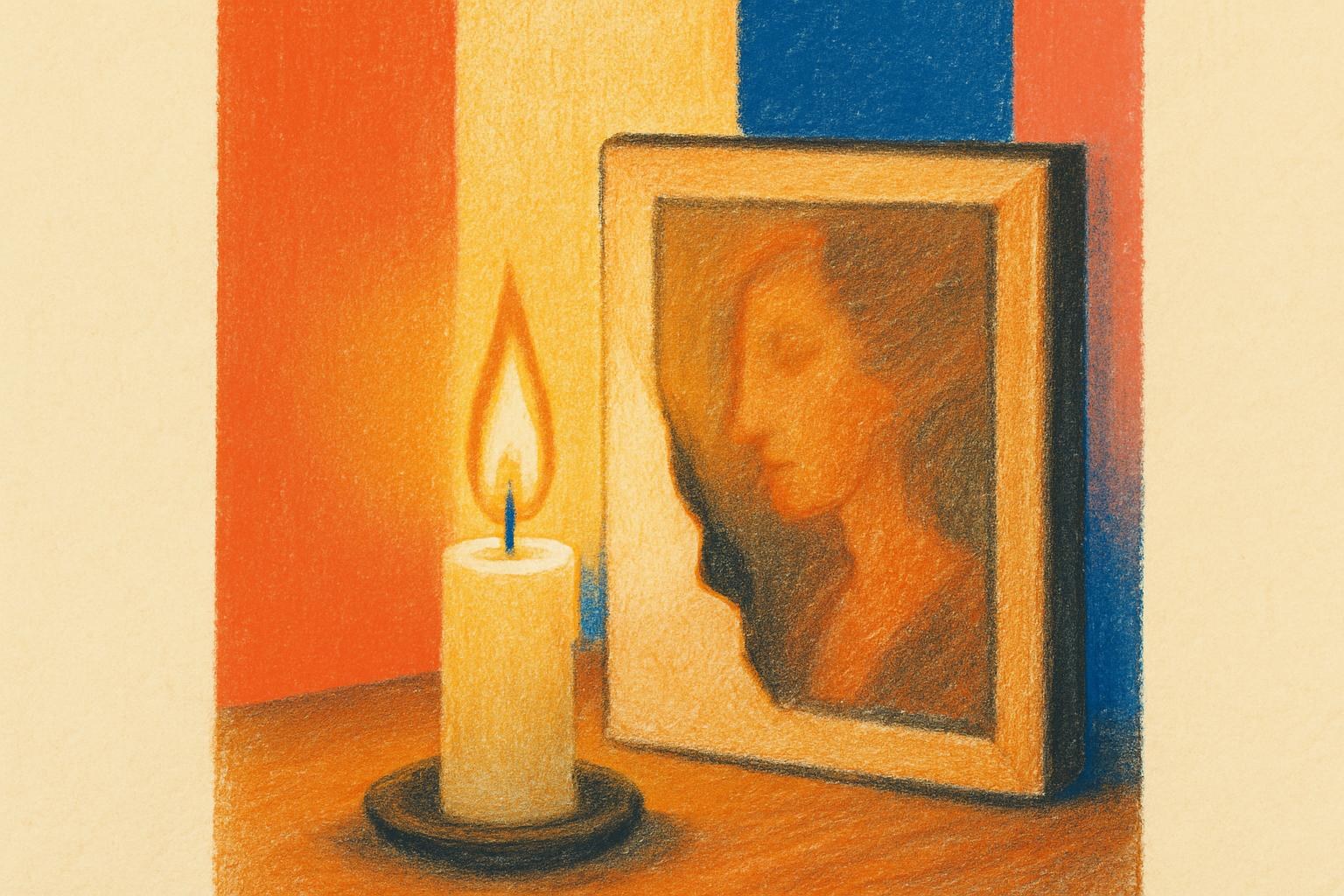 A flame held near the edge of an old canvas painting in a dim study.