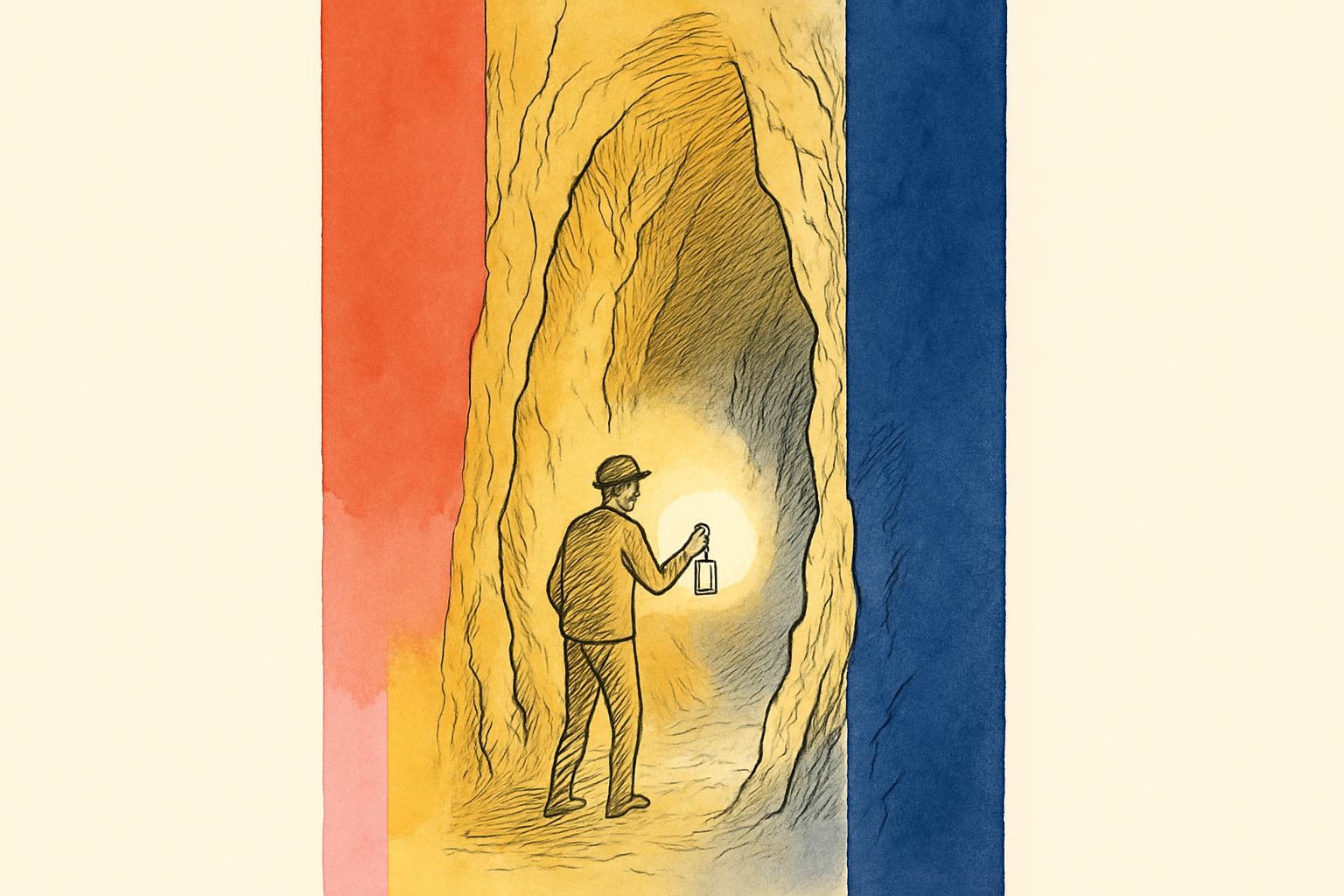 A narrow, lamp-lit cave passage evoking hidden depths and buried histories.