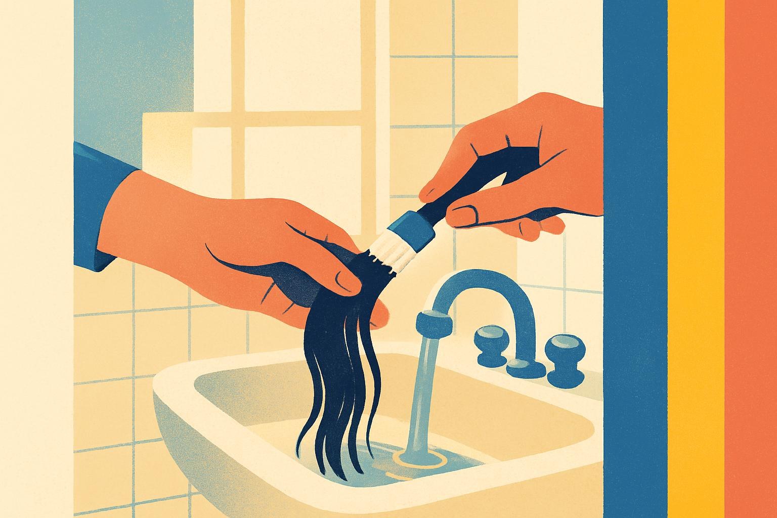 Hands bleaching a strand of dark hair over a bathroom sink in soft afternoon light.