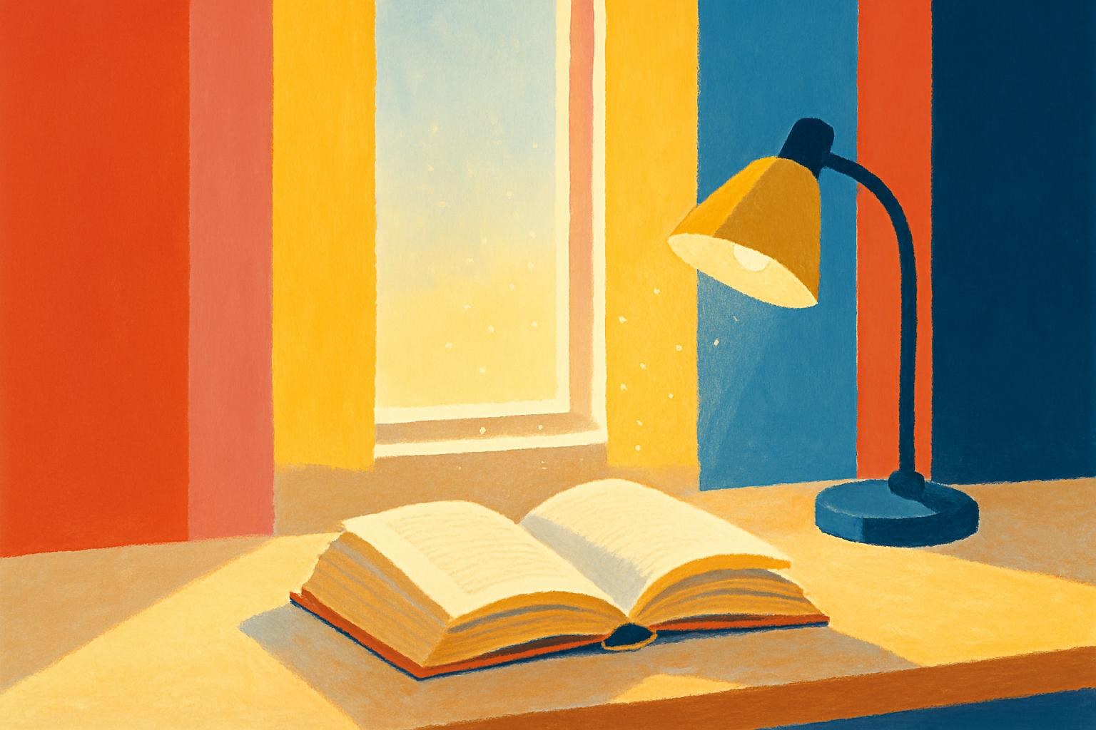 An open paperback lies on a bare desk under a lamp's low light, dust motes drifting in a beam from the window.