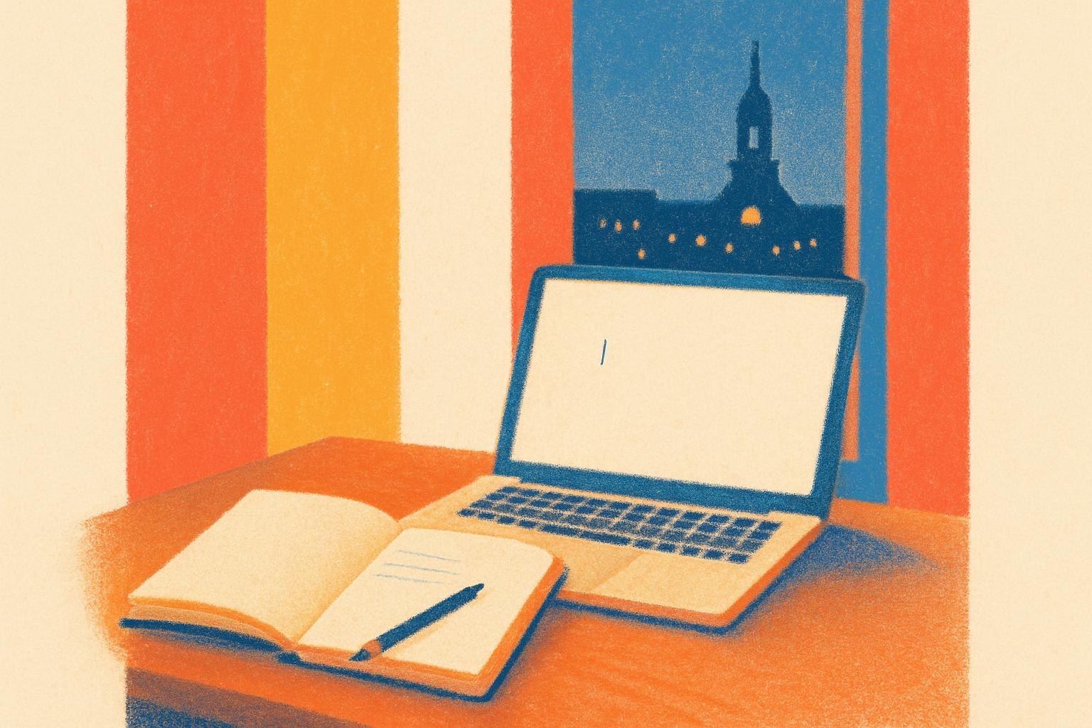 A desk with a notebook and a glowing laptop screen, a city's lights visible through the window at dusk.