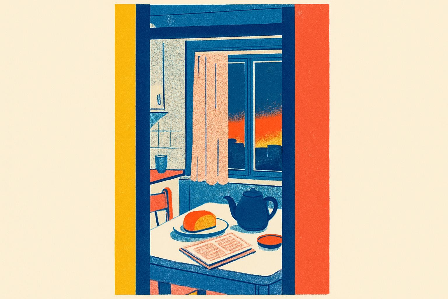 Une table de cuisine dressée pour le dîner près d’une fenêtre où une lueur lointaine interrompt la lumière du soir.