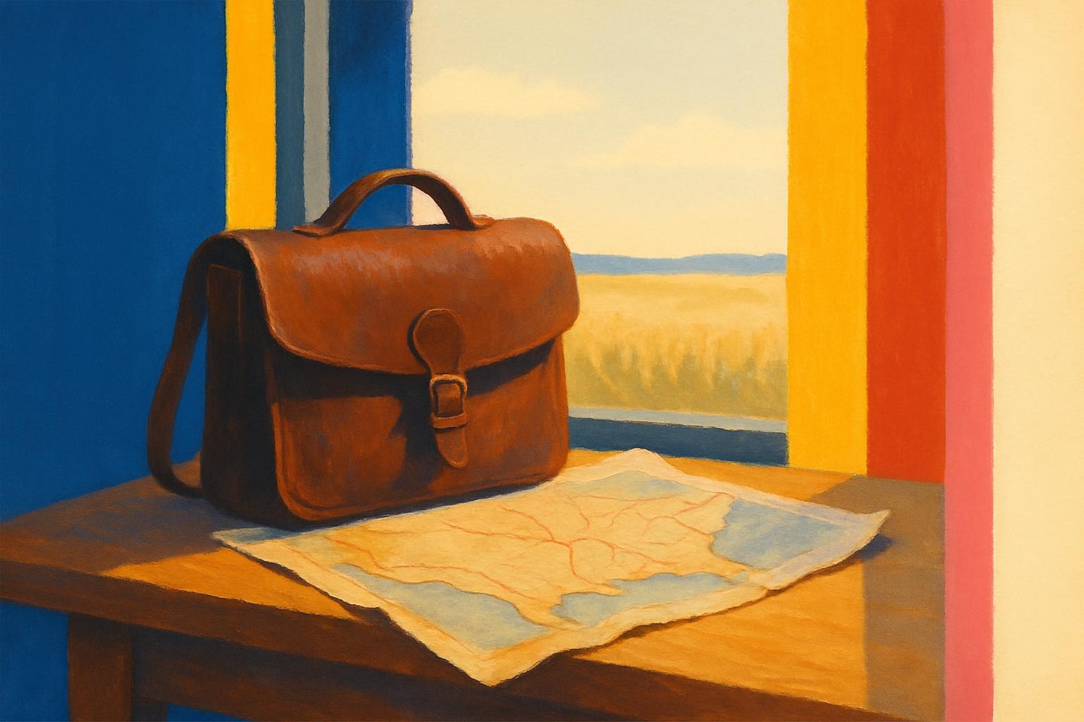 Une sacoche usée et une vieille carte posées sur une table, évoquant un voyage dans le Sud américain après la guerre de Sécession.