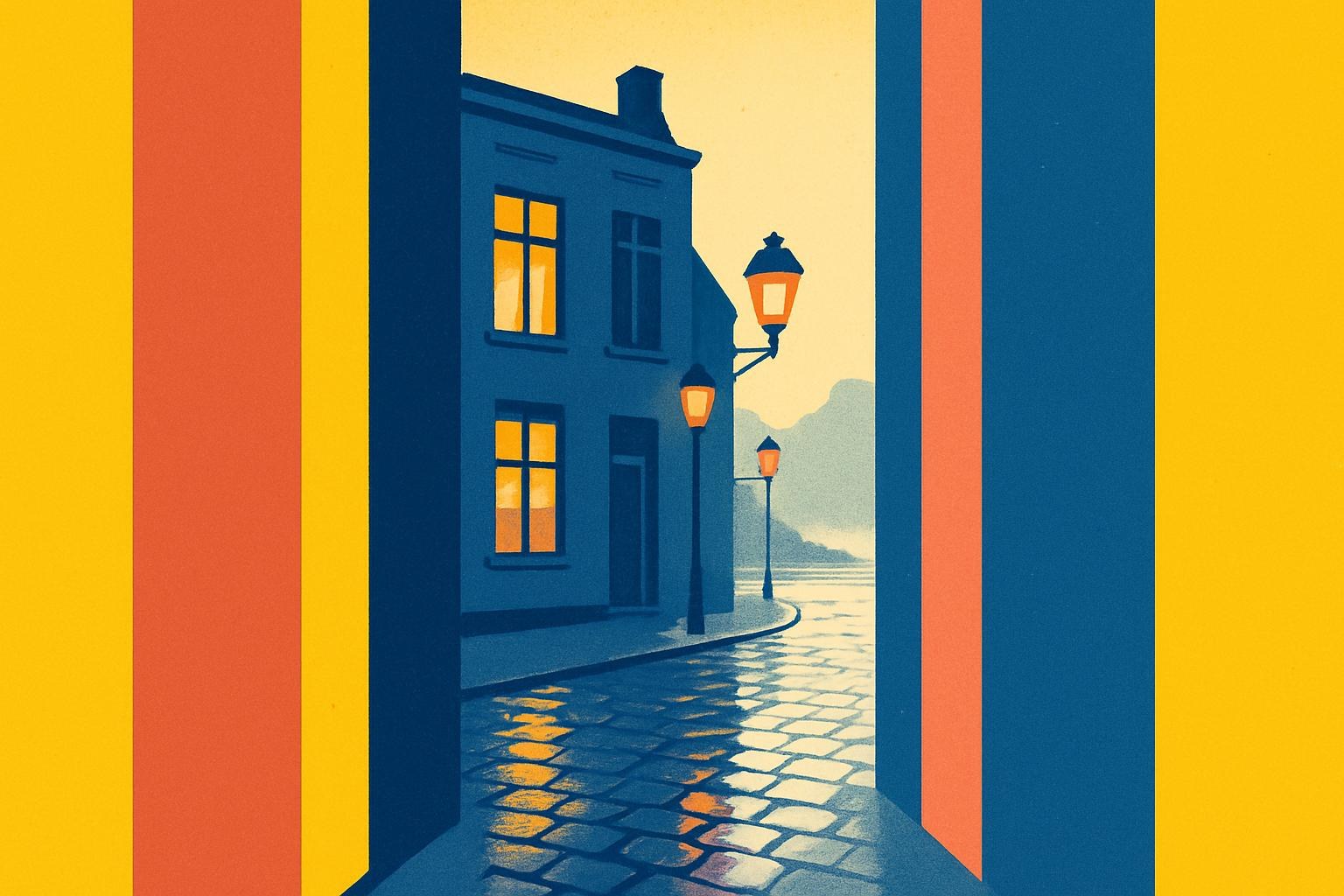 Une rue de Bruxelles au crépuscule, lumière des lampadaires reflétée sur les pavés mouillés.