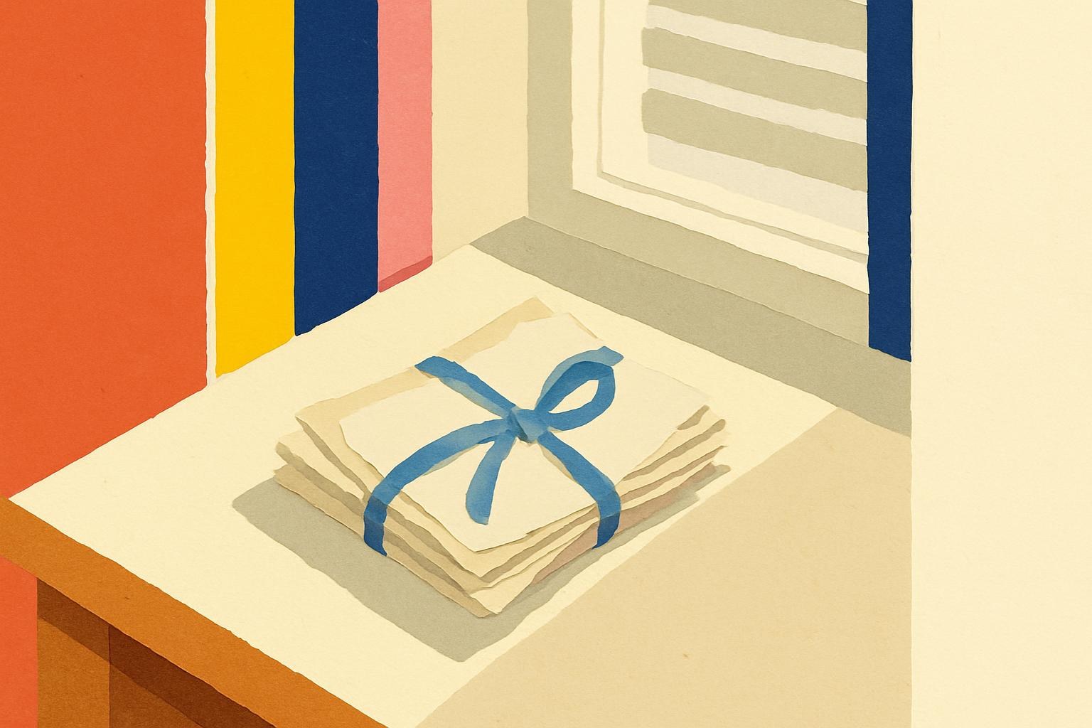 A bundle of old letters tied with ribbon on a desk, lit by soft window light.