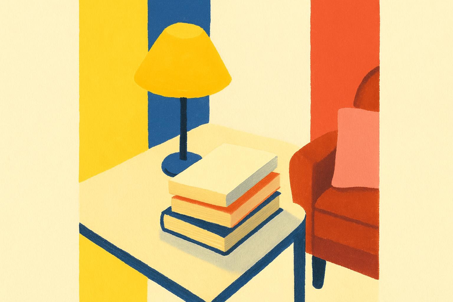 Un rincón de lectura iluminado por una lámpara, con libros de bolsillo apilados sobre una mesa.
