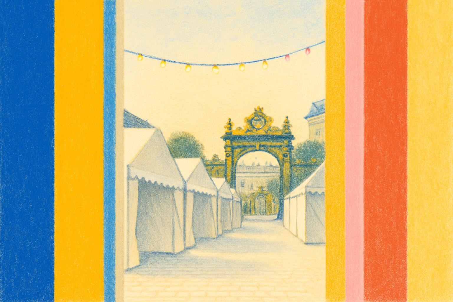 Des tentes vides du salon du livre au crépuscule sur une place de Nancy, avec les grilles dorées historiques visibles derrière.