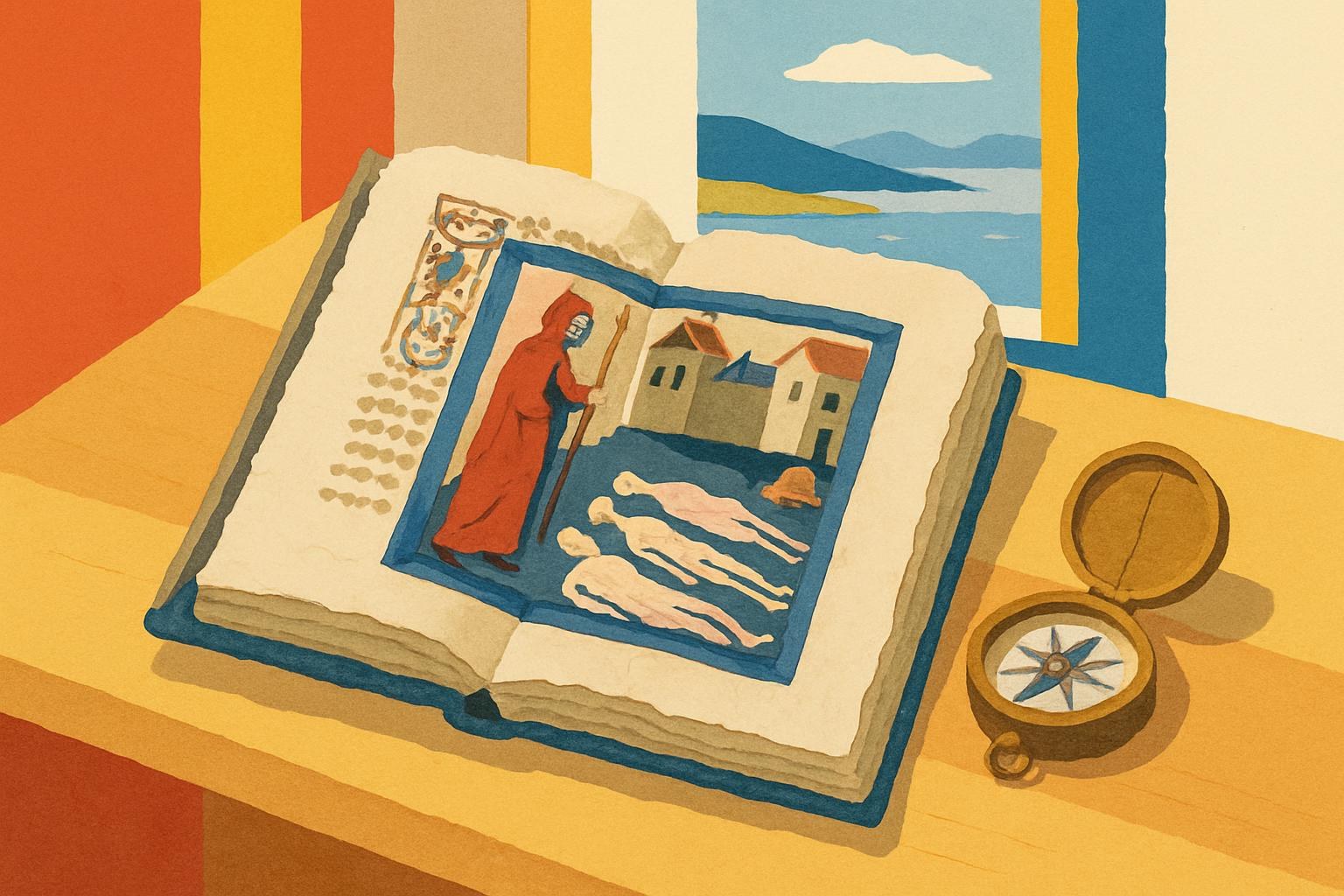 An illuminated medieval manuscript page beside a brass compass, lit by window light overlooking Lake Geneva.