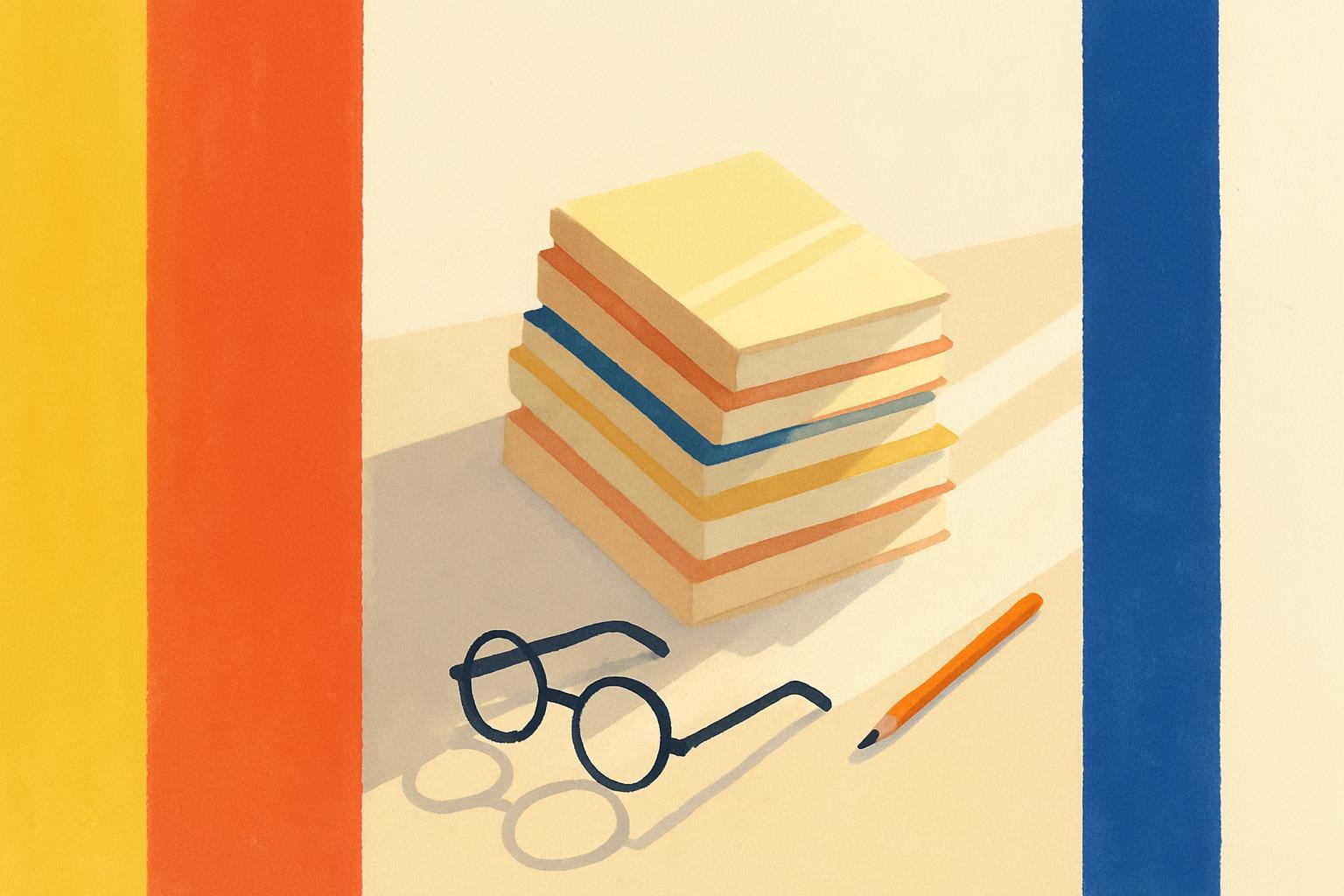 An overhead view of nine stacked books on a wooden table in soft afternoon light, suggesting a jury's reading pile.