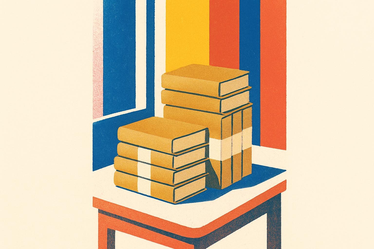 Une table de romans neufs sans titres visibles, empilés dans une librairie, éclairée par la lumière d'un matin d'automne.