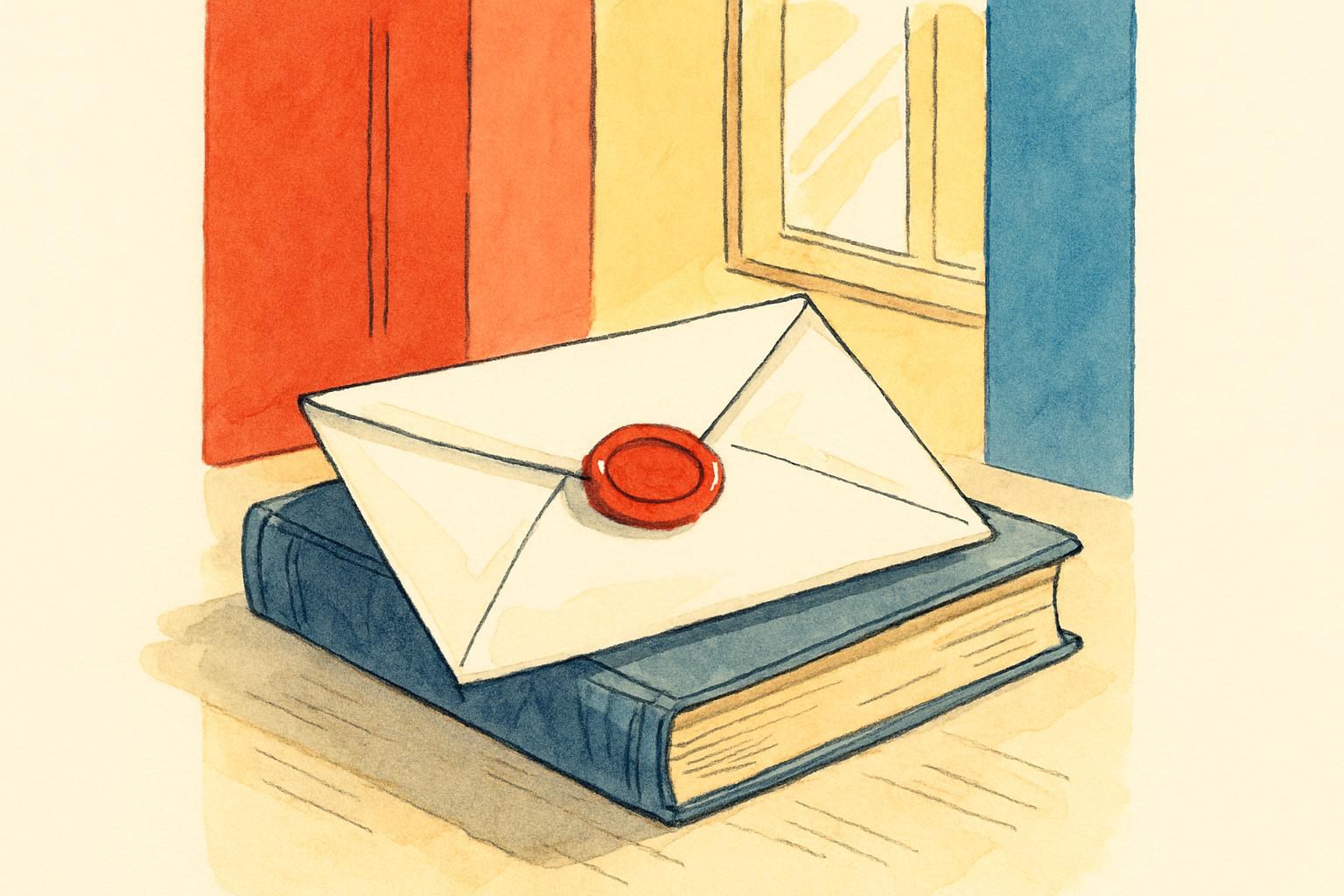 Un sobre de manuscrito sellado junto a un libro encuadernado y gastado, sobre un escritorio bañado por la luz de la tarde.