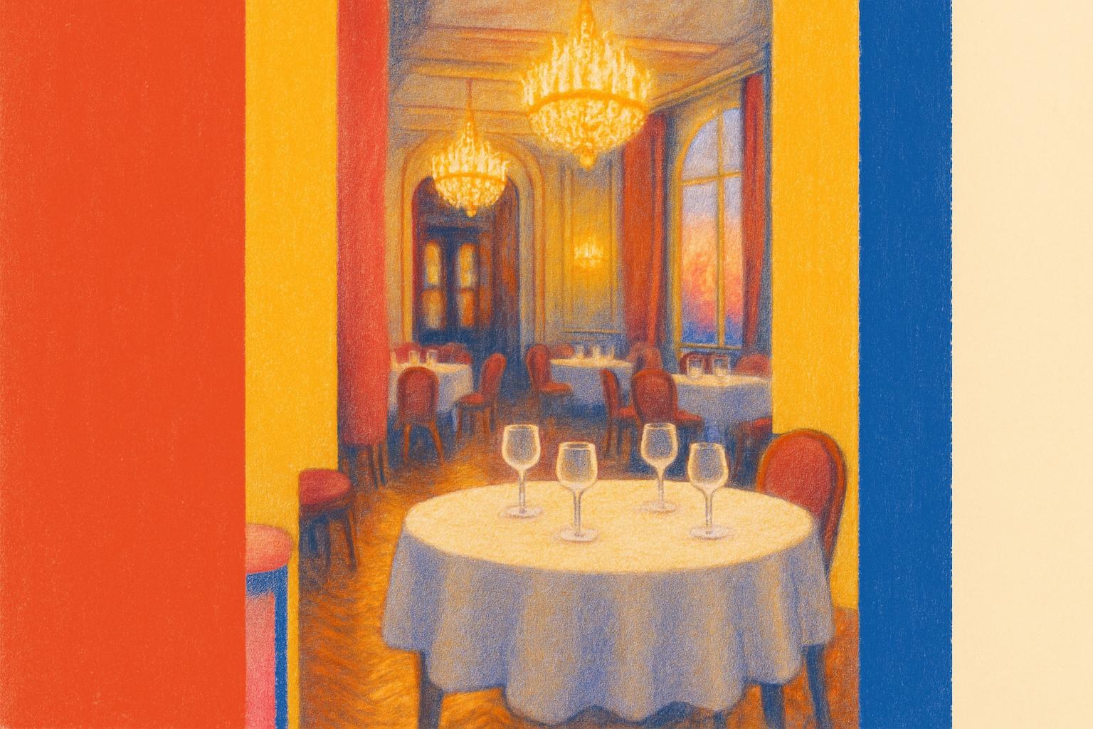 Un salon de réception vide préparé pour une cérémonie littéraire du soir, lustres éclairant les parquets polis.