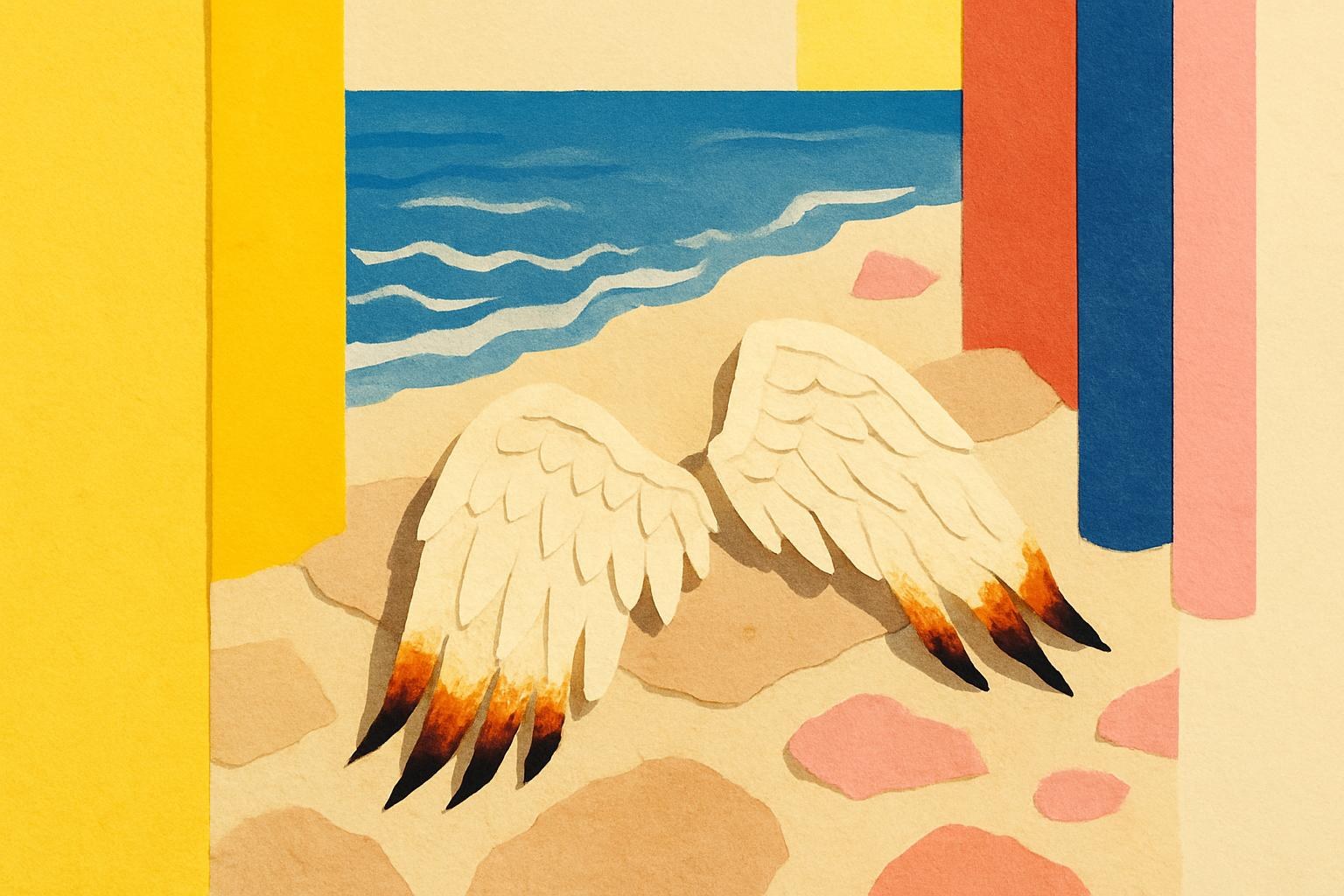 Des ailes de cire calcinées posées sur des rochers au bord de la mer, évoquant le mythe d'Icare.