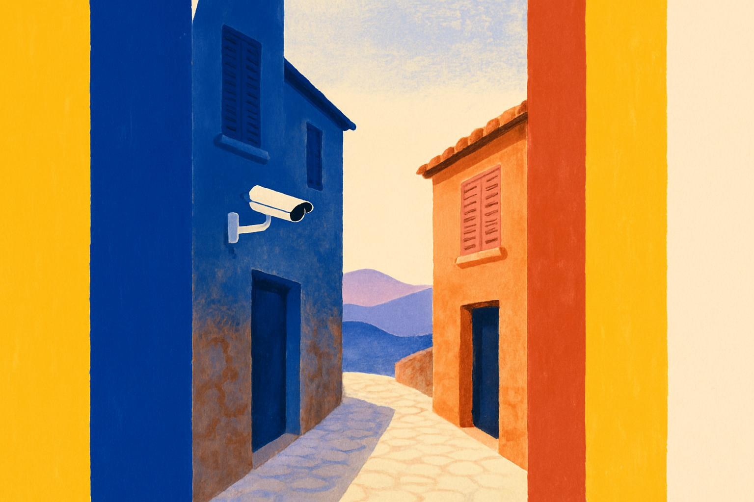 A shuttered stone alley in a Calabrian hill town at dusk, a security camera mounted above a doorway.