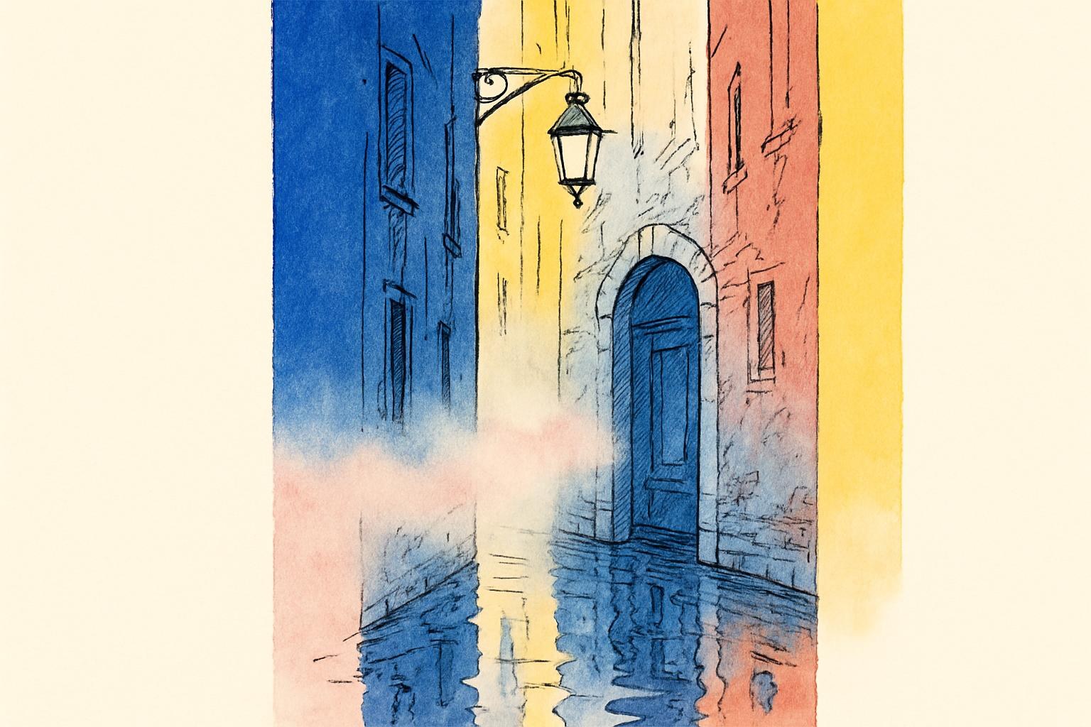 Un callejón veneciano brumoso y desierto al atardecer junto a un canal, que evoca una ciudad oculta entrelazada con la real.