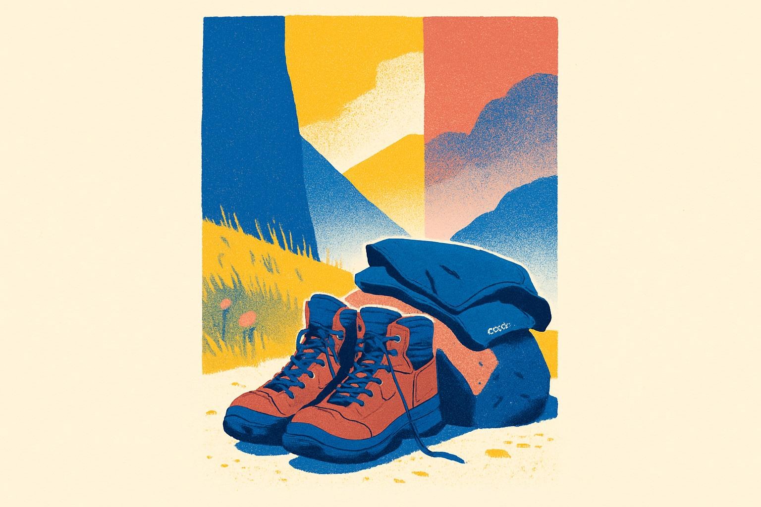 Hiking boots and a jacket left on a rock at the start of a mountain trail in early morning light.
