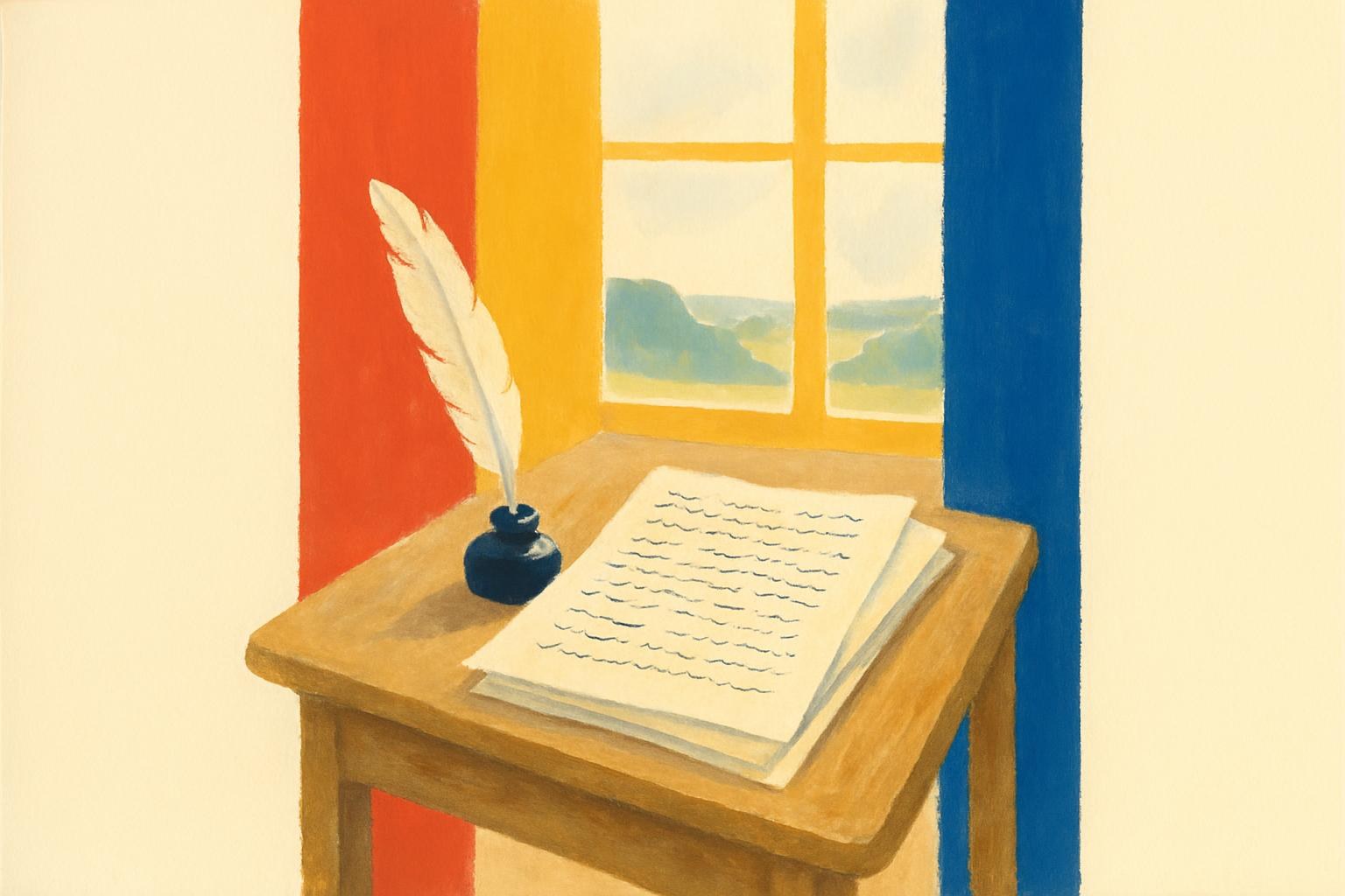 Un escritorio del siglo XIX junto a una ventana, con pluma, tintero y páginas manuscritas bajo una suave luz de tarde.