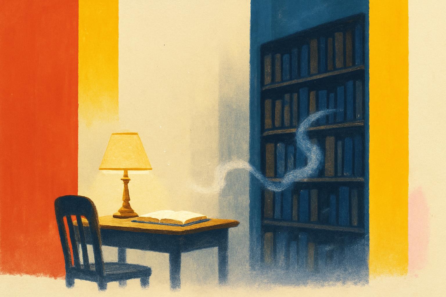 Una biblioteca privada al atardecer, con una tenue neblina que se desliza entre los estantes, sugiriendo una presencia fantasmal entre los libros.