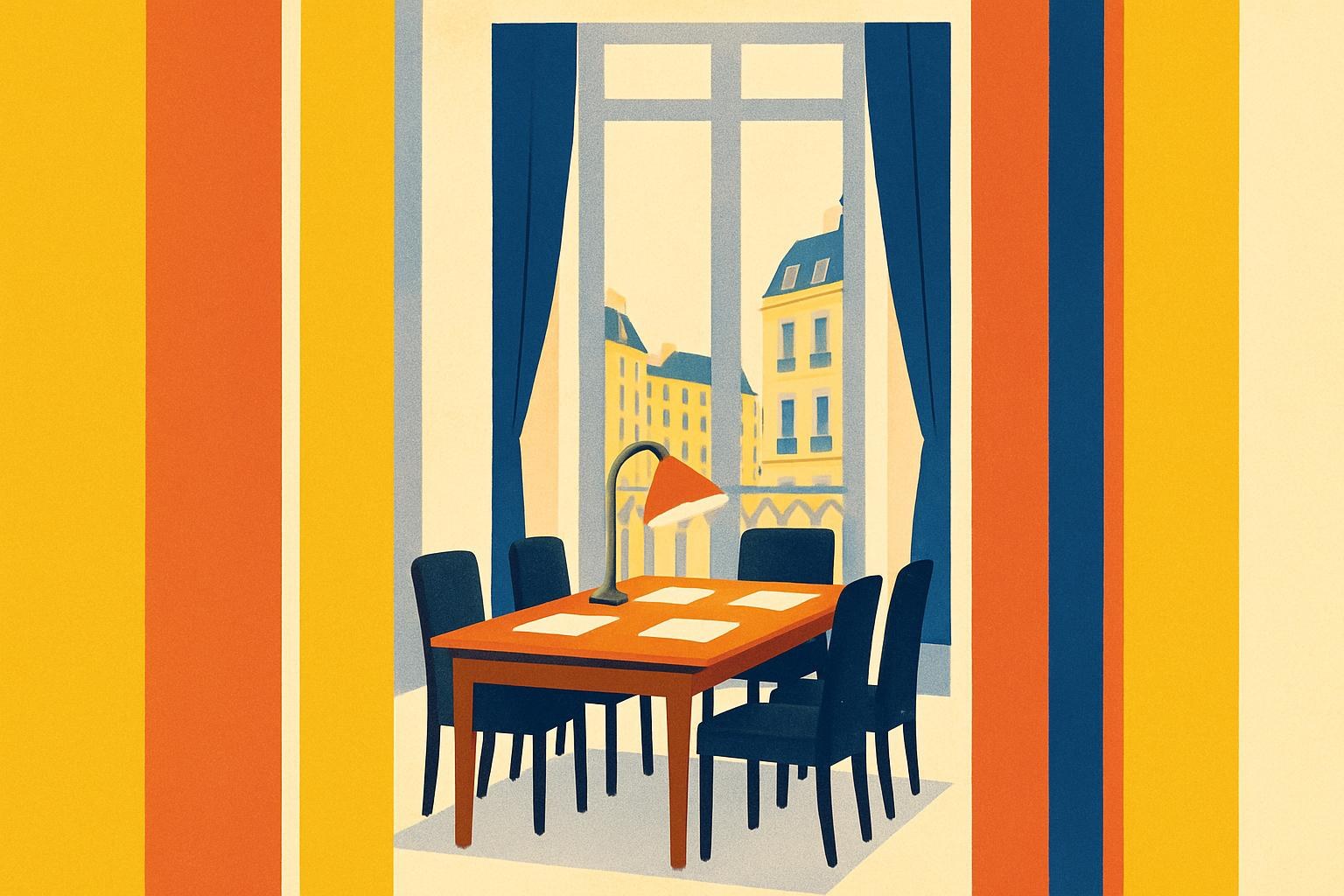Un salon d'hôtel parisien vide et doucement éclairé, prêt pour la remise d'un prix littéraire.
