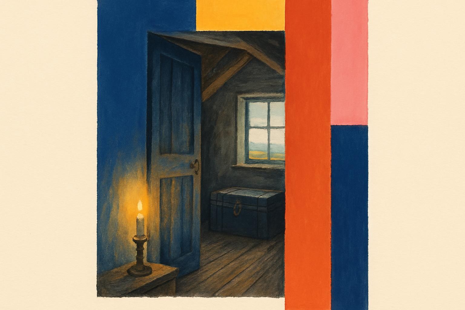 Una habitación de ático en sombras con un baúl cerrado, vista a través de una puerta entreabierta, con un páramo visible por una pequeña ventana.