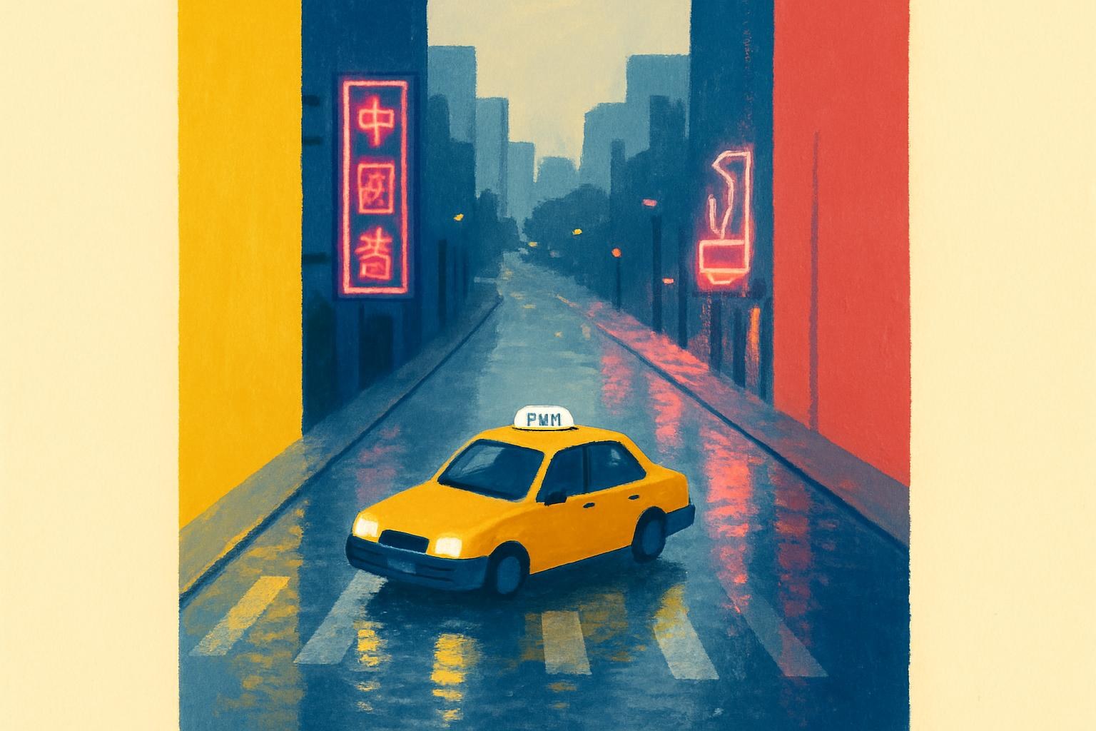 Un taxi traversant une avenue de Shanghai presque déserte à l'aube, néons reflétés sur la chaussée mouillée.