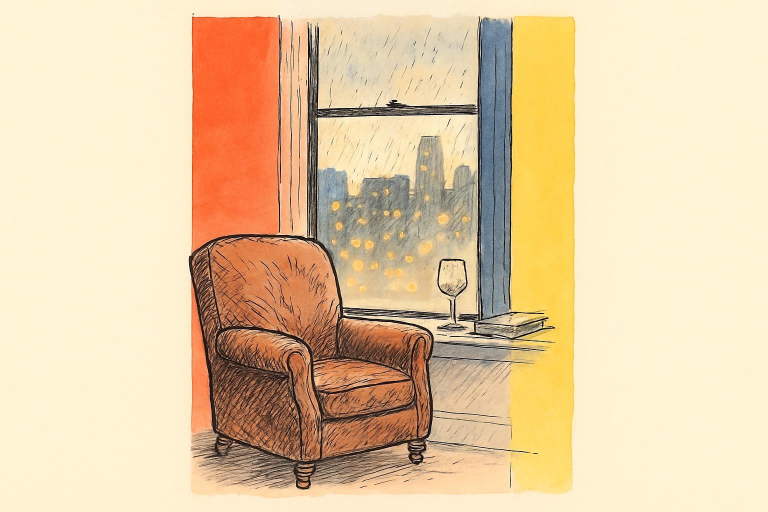 An empty armchair by a rainy city window at dusk, evoking a story of characters grown older.
