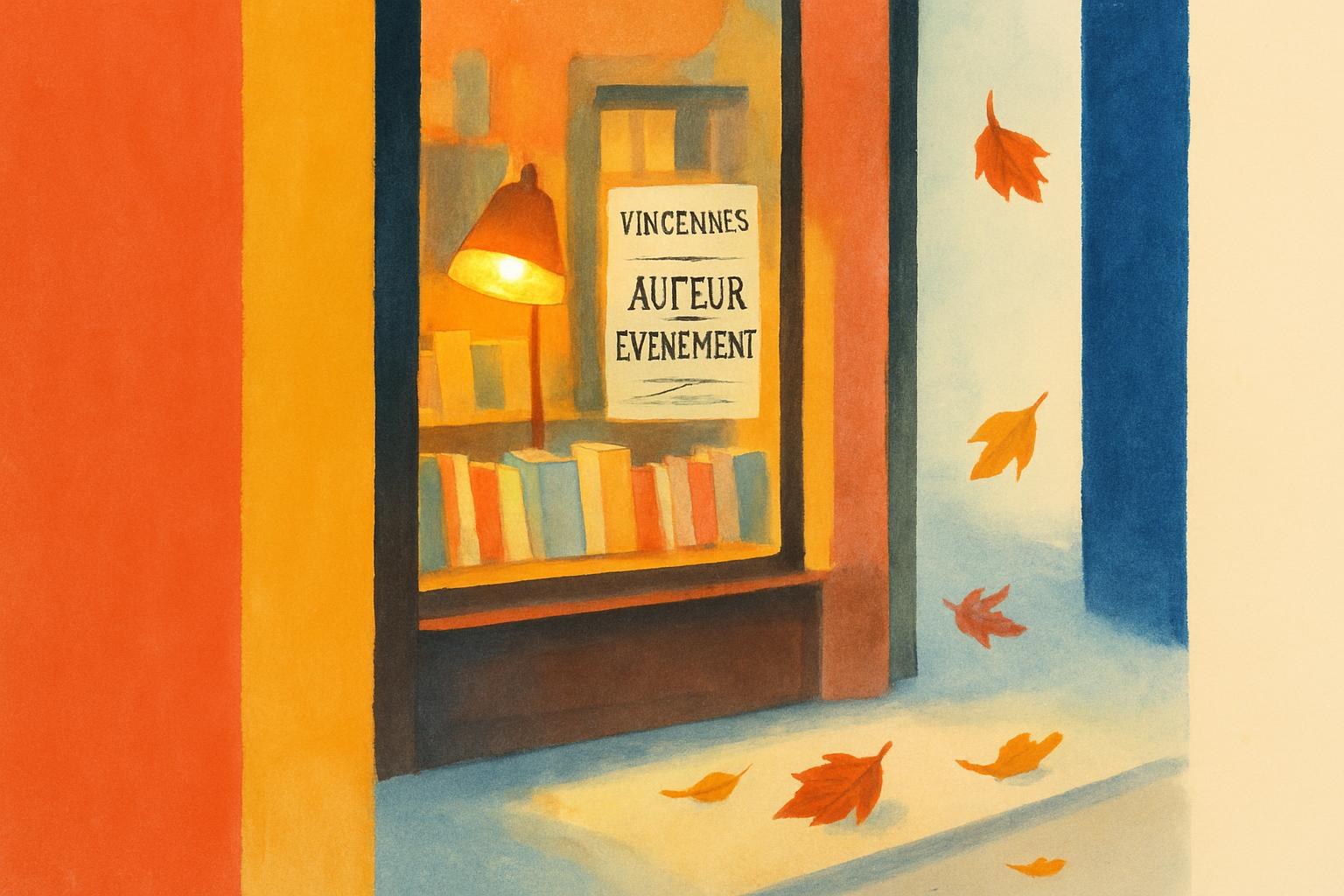 A softly lit bookshop window in Vincennes at dusk, with an event sign taped to the glass and autumn leaves on the pavement.