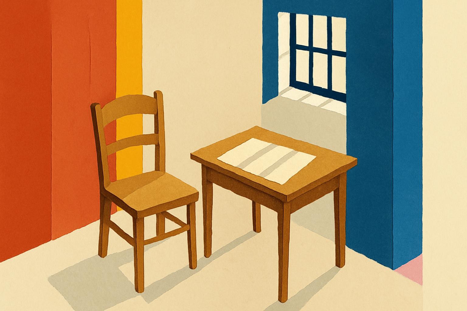 Un escritorio y una silla vacíos en una habitación iluminada y enrejada, que sugieren ausencia y preguntas sin respuesta.