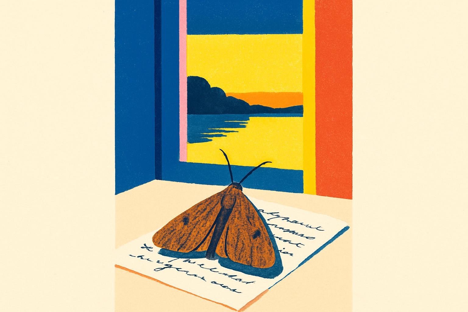 Una mariposa nocturna posada sobre una carta manuscrita antigua, junto a una ventana con vistas a un lago al atardecer