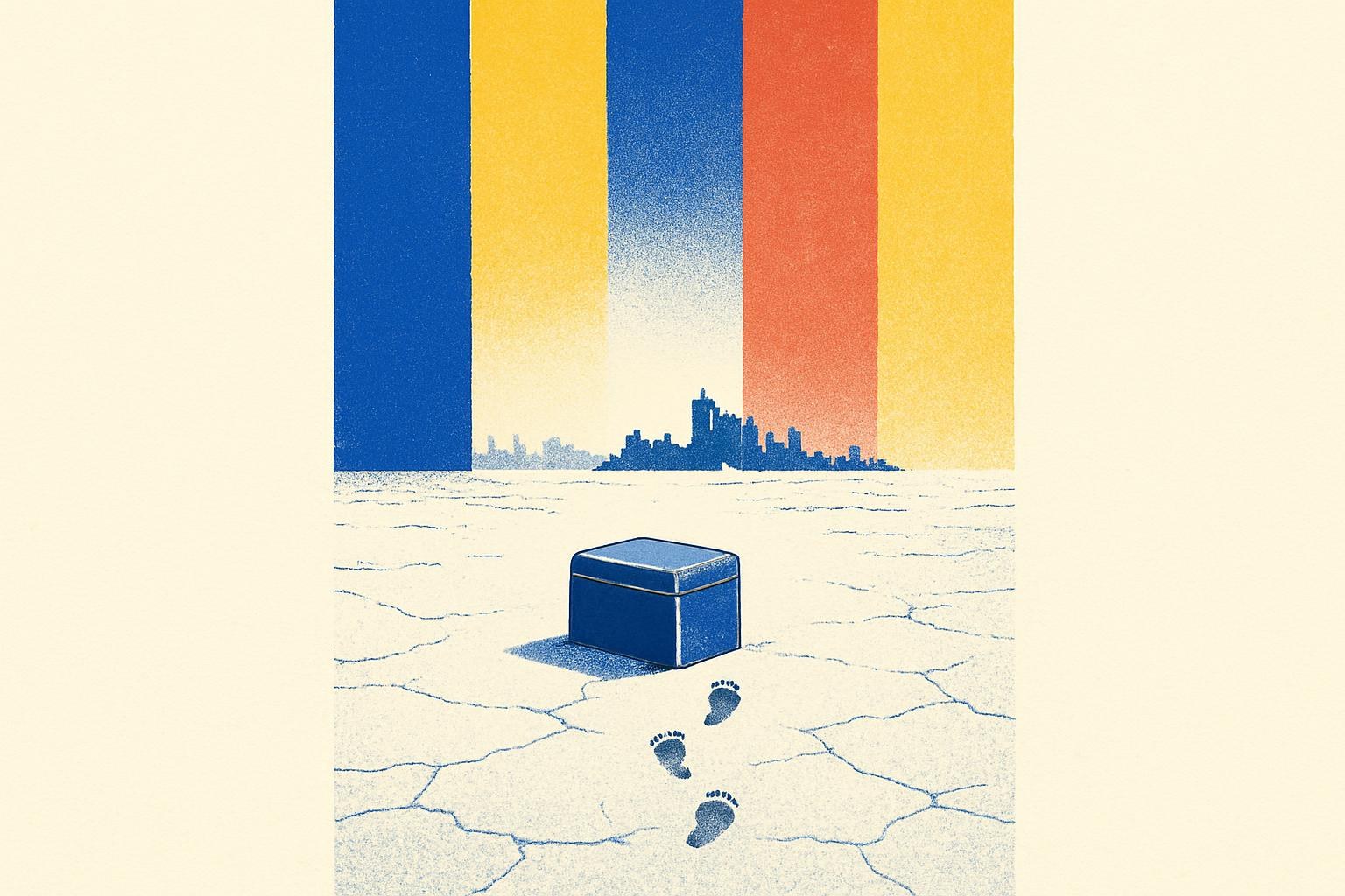 A metal box on cracked ground amid distant ruins, with a child's footprints leading away across a hazy wasteland.