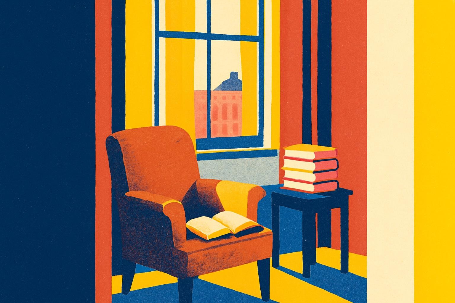 A reading chair by a window with six unmarked books stacked nearby, evoking a prize shortlist.