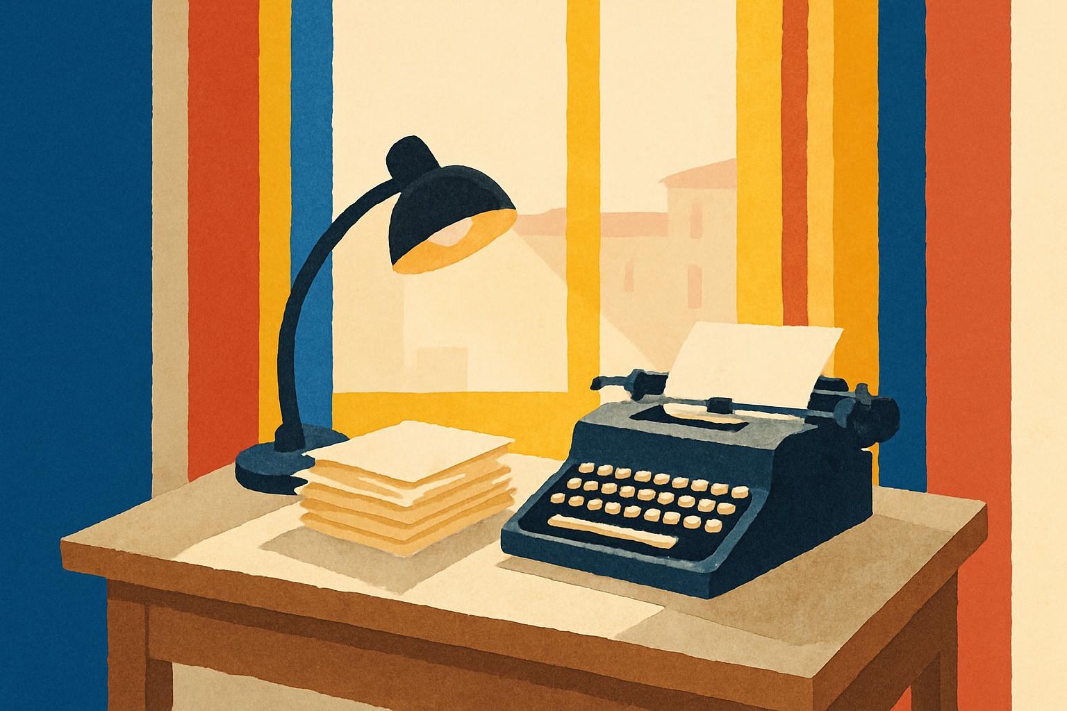 Un escritorio de escritor bañado de luz, con pilas de manuscritos y una vieja máquina de escribir, evocando un estudio literario de mediados del siglo XX.