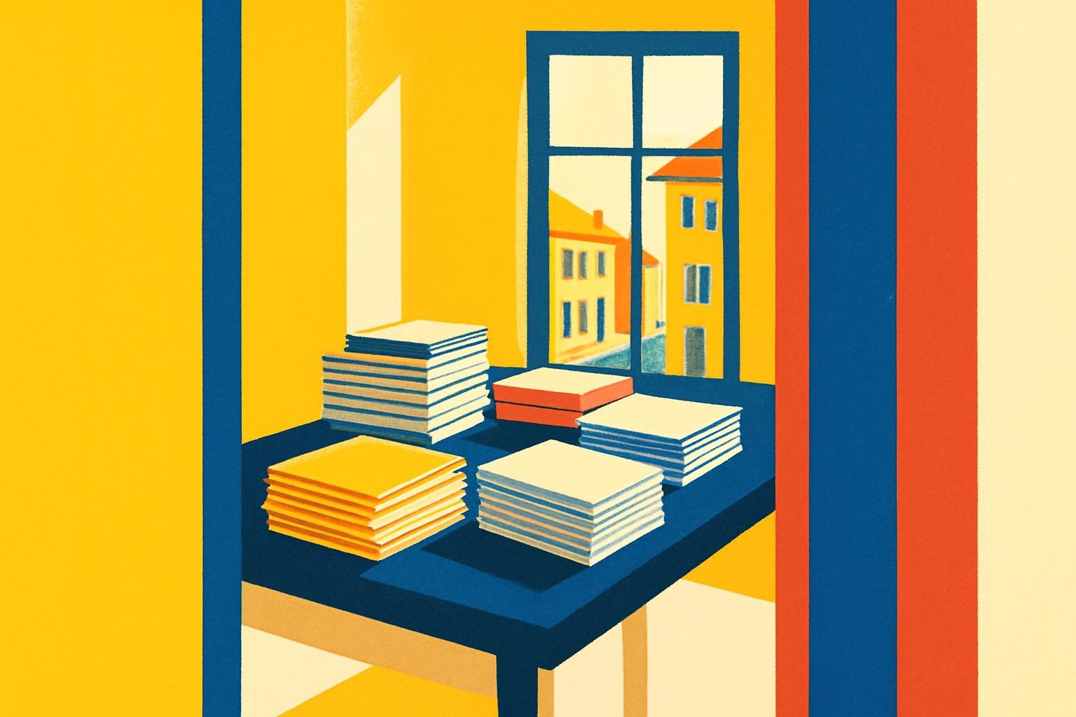 Stacks of literary review issues spanning decades on an editor's table, lit by window light.