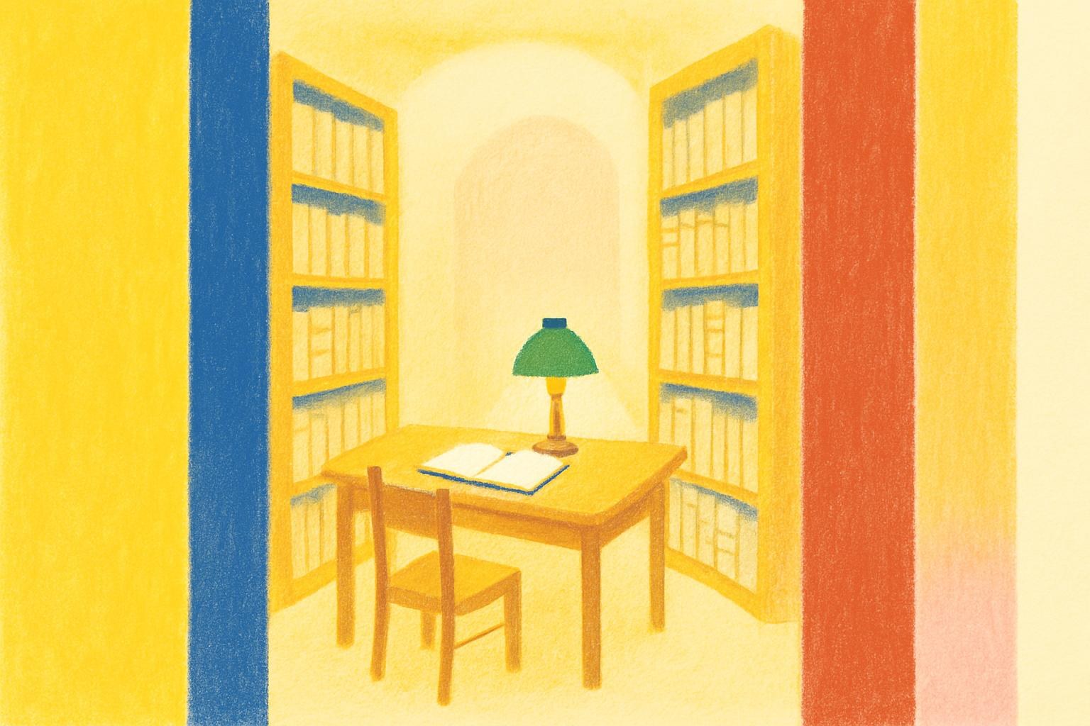 Une salle d'archives silencieuse où une lampe éclaire un carnet ouvert parmi des étagères de vieux documents.