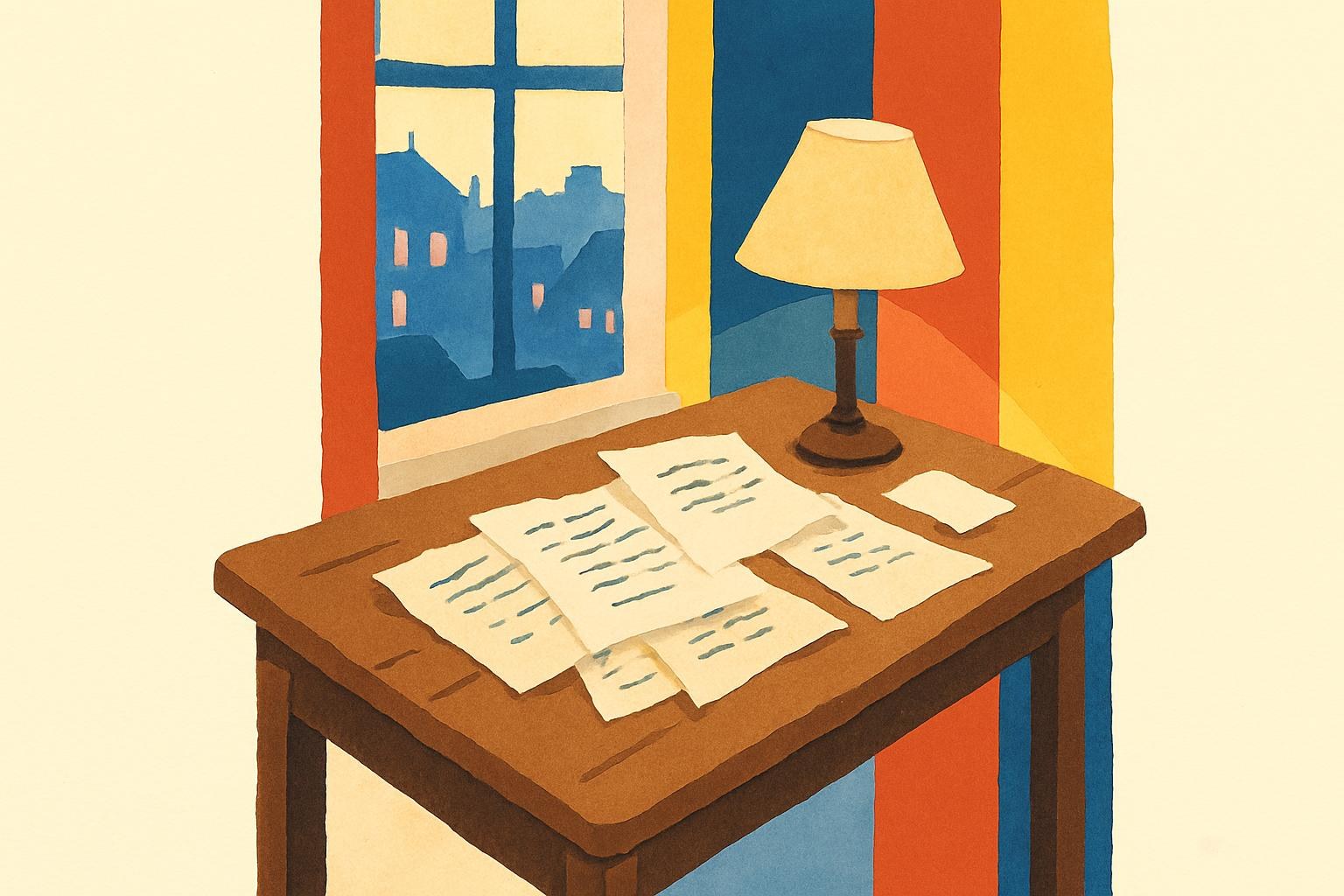 A lamp-lit desk with handwritten pages by a window overlooking a dusk-lit city.