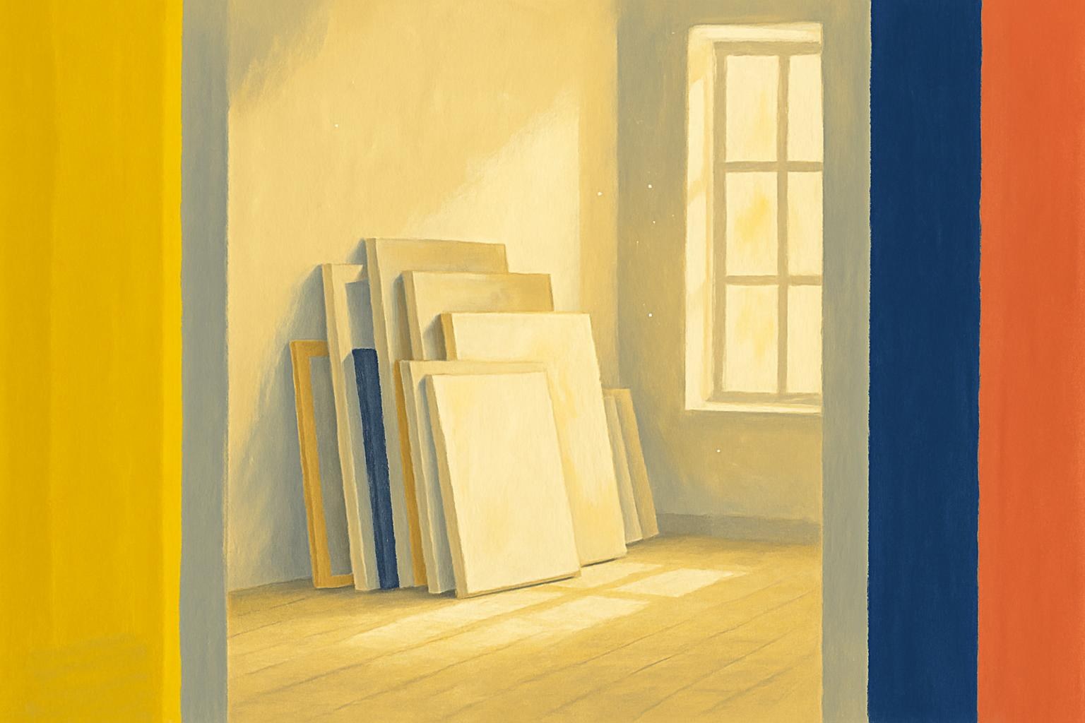 Unsigned, untitled canvases leaning against a studio wall in soft light.