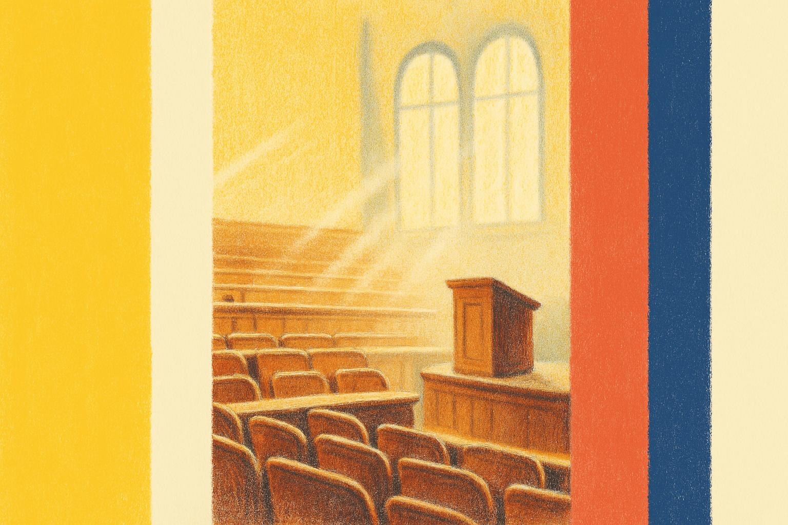 Un amphithéâtre vide de la Sorbonne baigné de lumière d'après-midi, évoquant le Congrès des écrivains et artistes noirs de 1956.