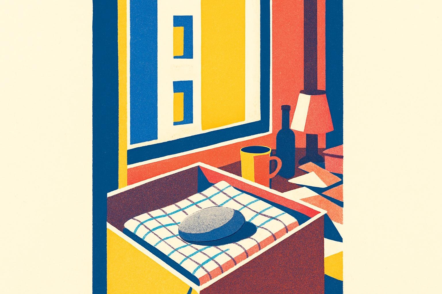 A river pebble lies atop folded checked linen inside a half-packed moving box, lit by afternoon light.
