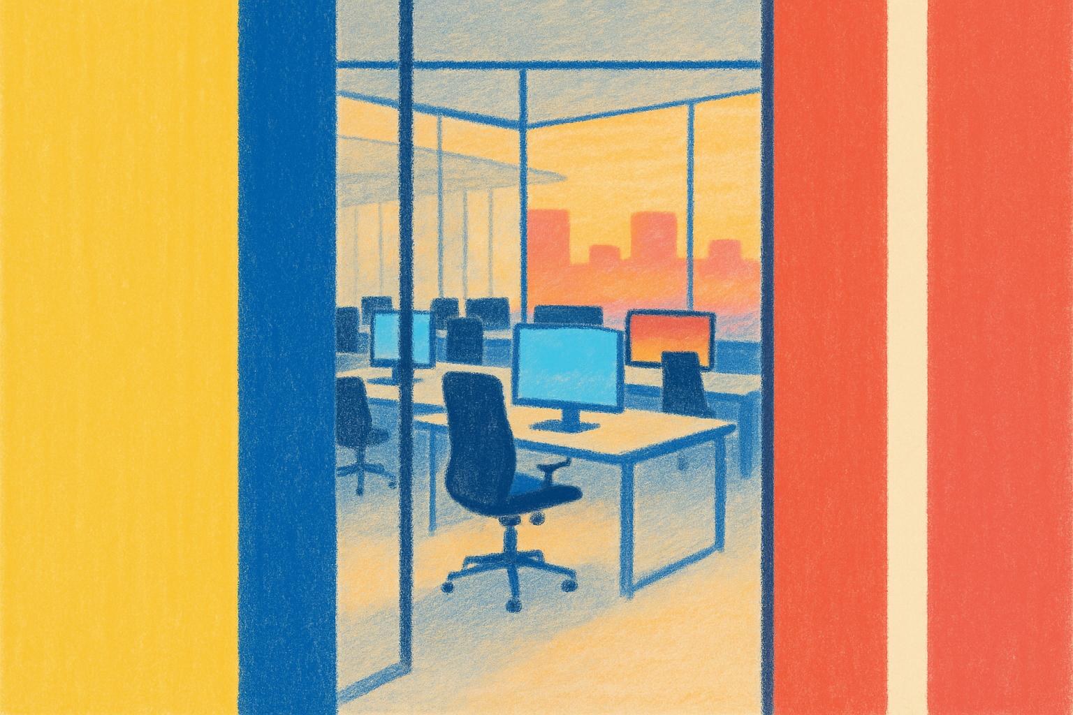 An empty modern office at dusk, screens glowing behind glass partitions.