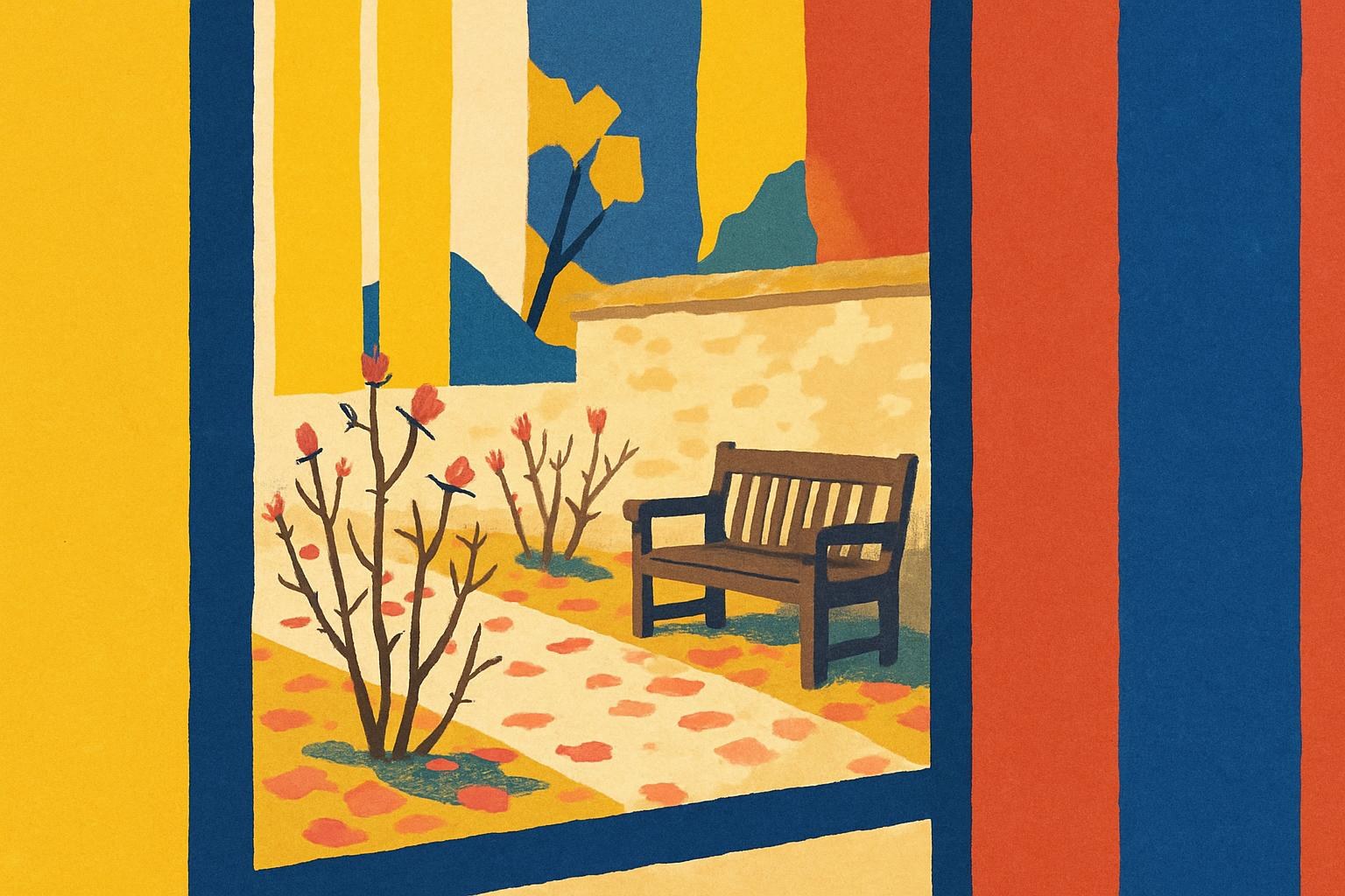 Un jardin brumeux d'automne avec une allée de gravier et un mur en pierre, évoquant l'univers du roman.