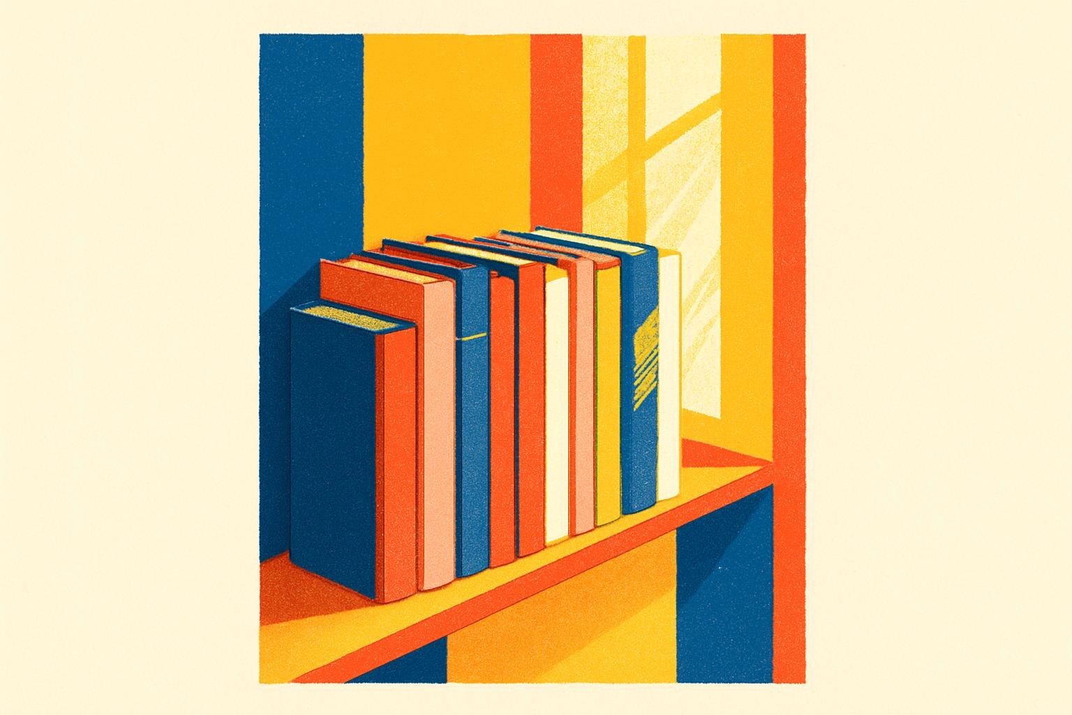 Una estantería repleta de novelas nuevas en una librería francesa, iluminada por la luz de una tarde de otoño.