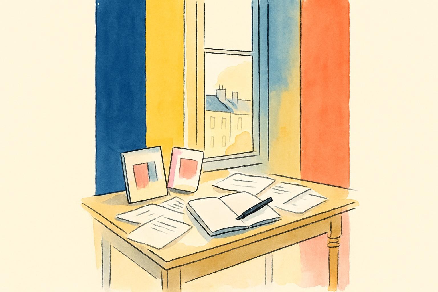 Un bureau d'écrivain inondé de lumière, couvert de livres d'art et de pages manuscrites, un stylo-plume posé sur un carnet ouvert.