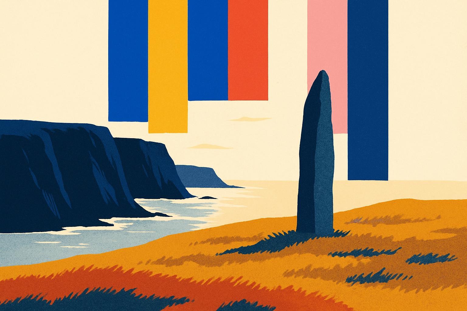 Un paisaje costero azotado por el viento en la isla de Lewis, con acantilados y un menhir bajo un cielo pálido.