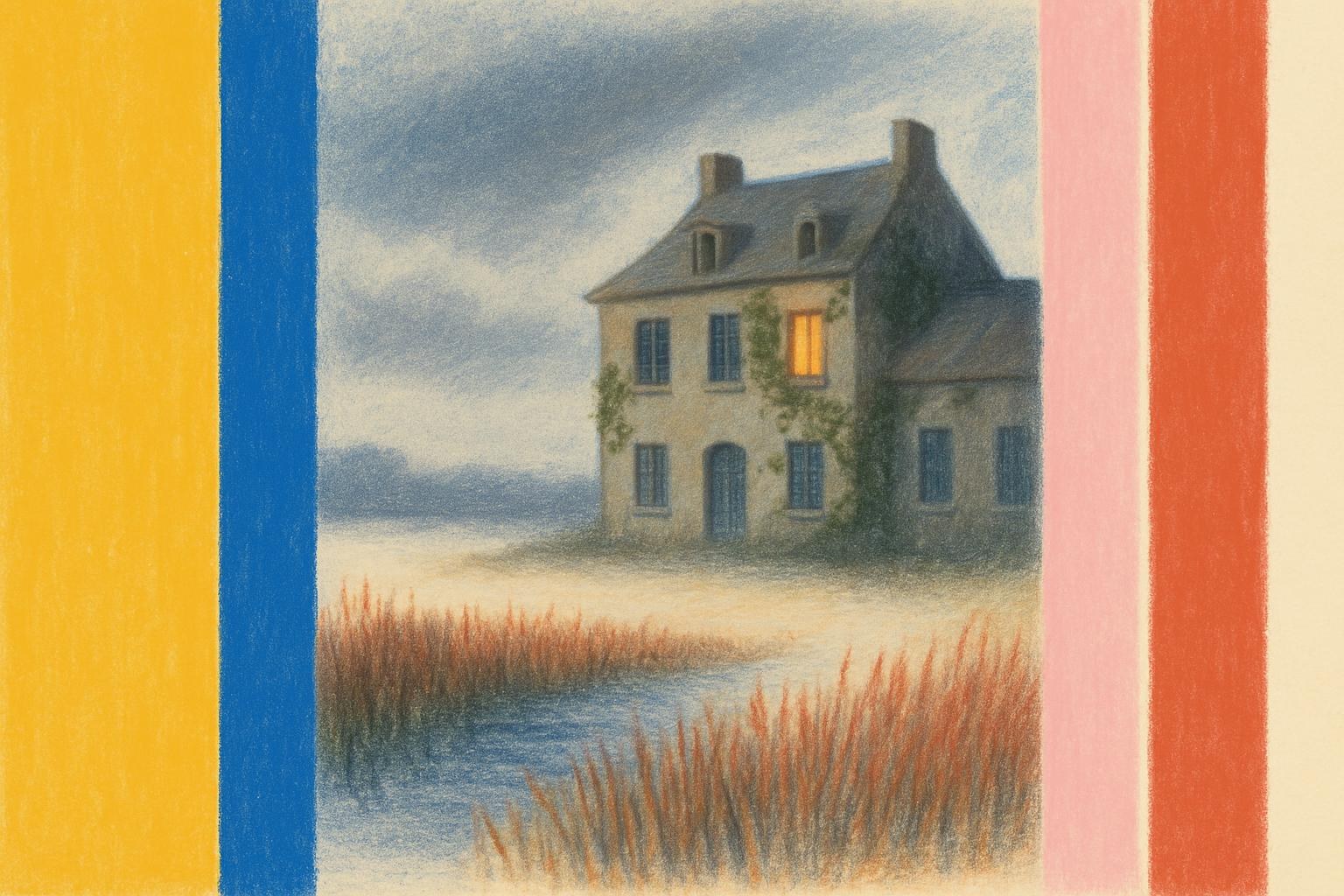 A shadowy manor at the edge of a reed marsh under a stormy sky, one window lit.