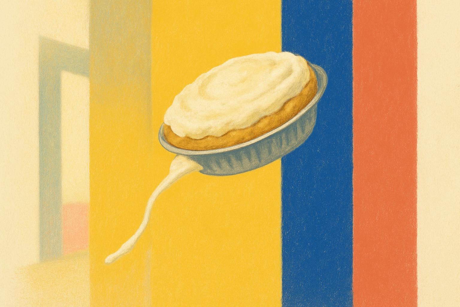 Un pastel de crema capturado en pleno vuelo, evocando los pastelazos asociados a Noël Godin.