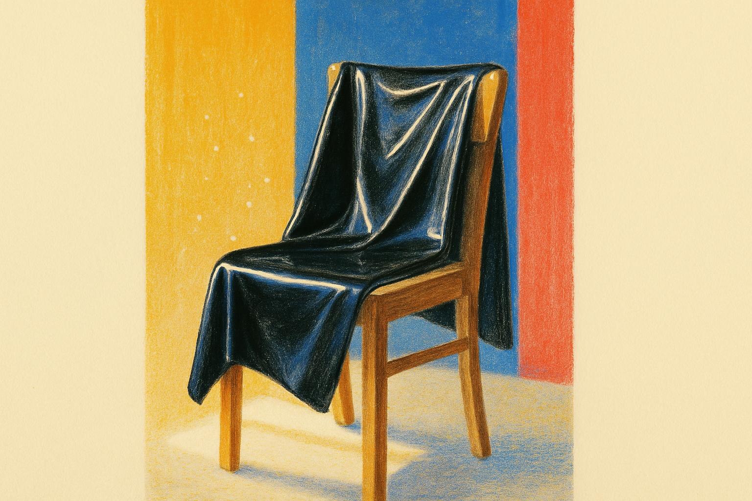 A sheet of black latex draped over a wooden chair, lit by a window.