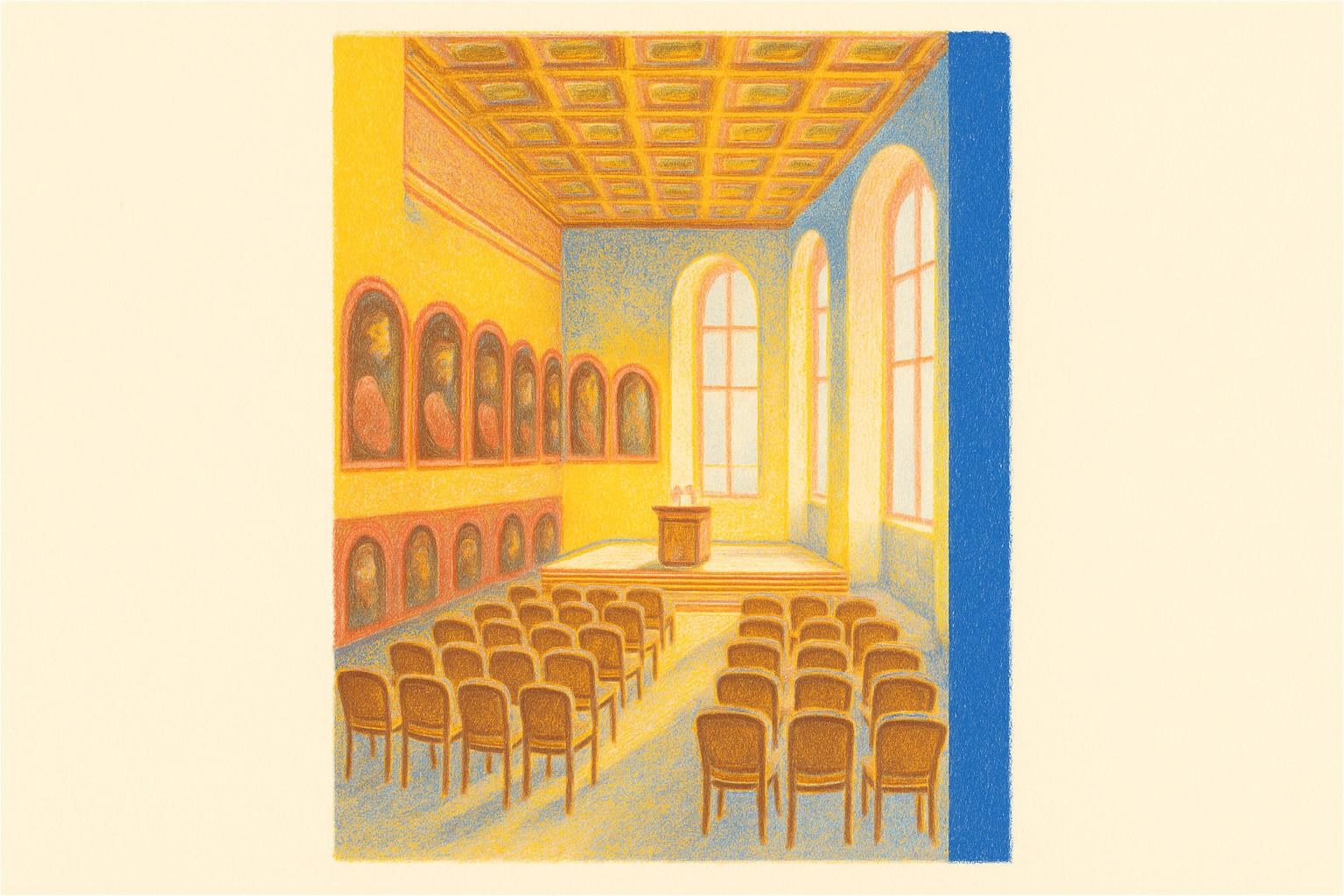 La sala dorada del Kaisersaal, en el Römer de Fráncfort, con sillas vacías dispuestas antes de una ceremonia.
