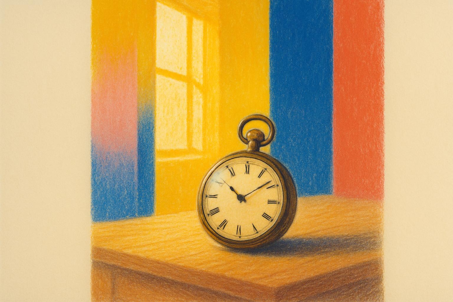 An antique pocket watch on a bare wooden desk, lit by autumn light.