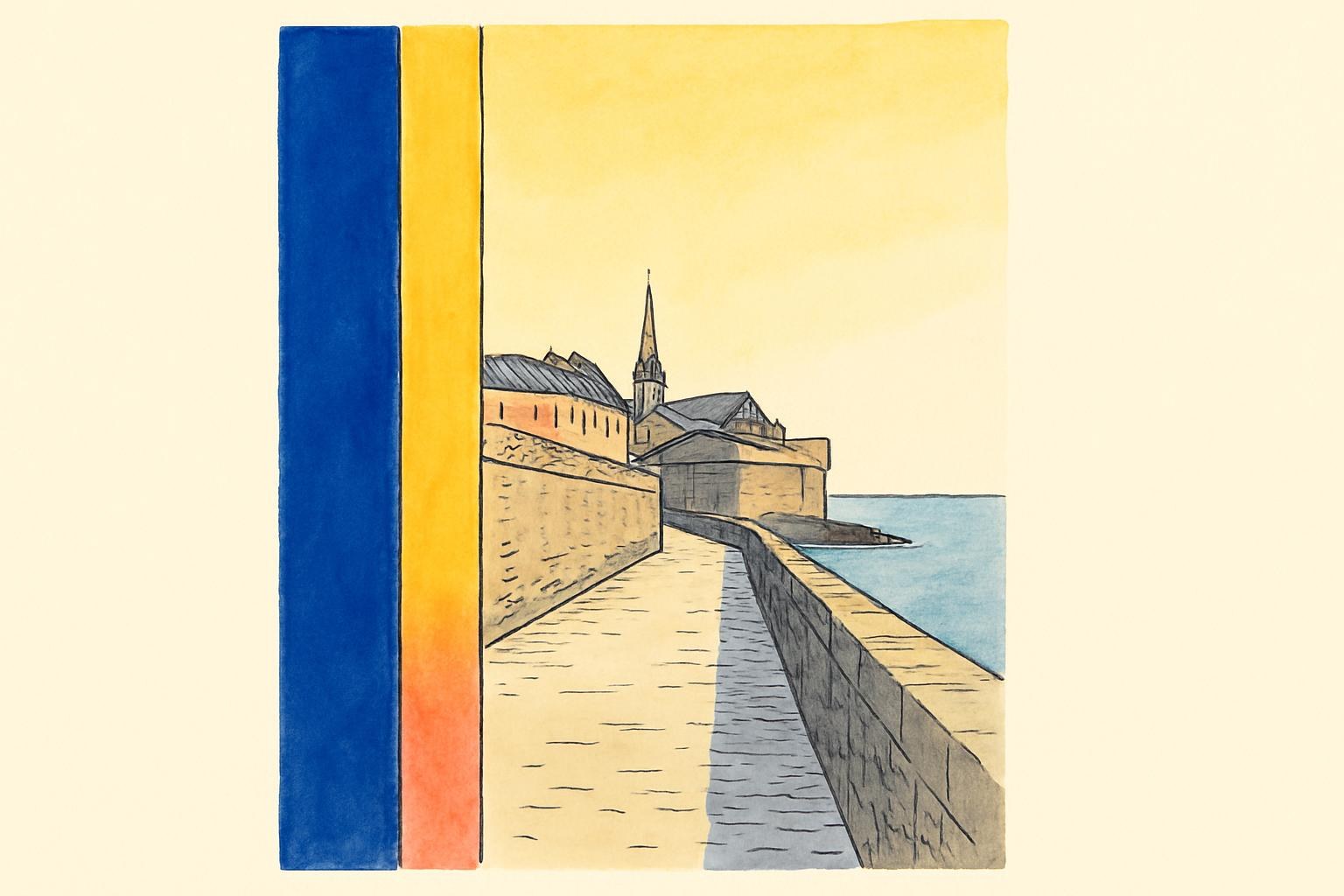Les remparts de Saint-Malo au crépuscule, surplombant la mer.