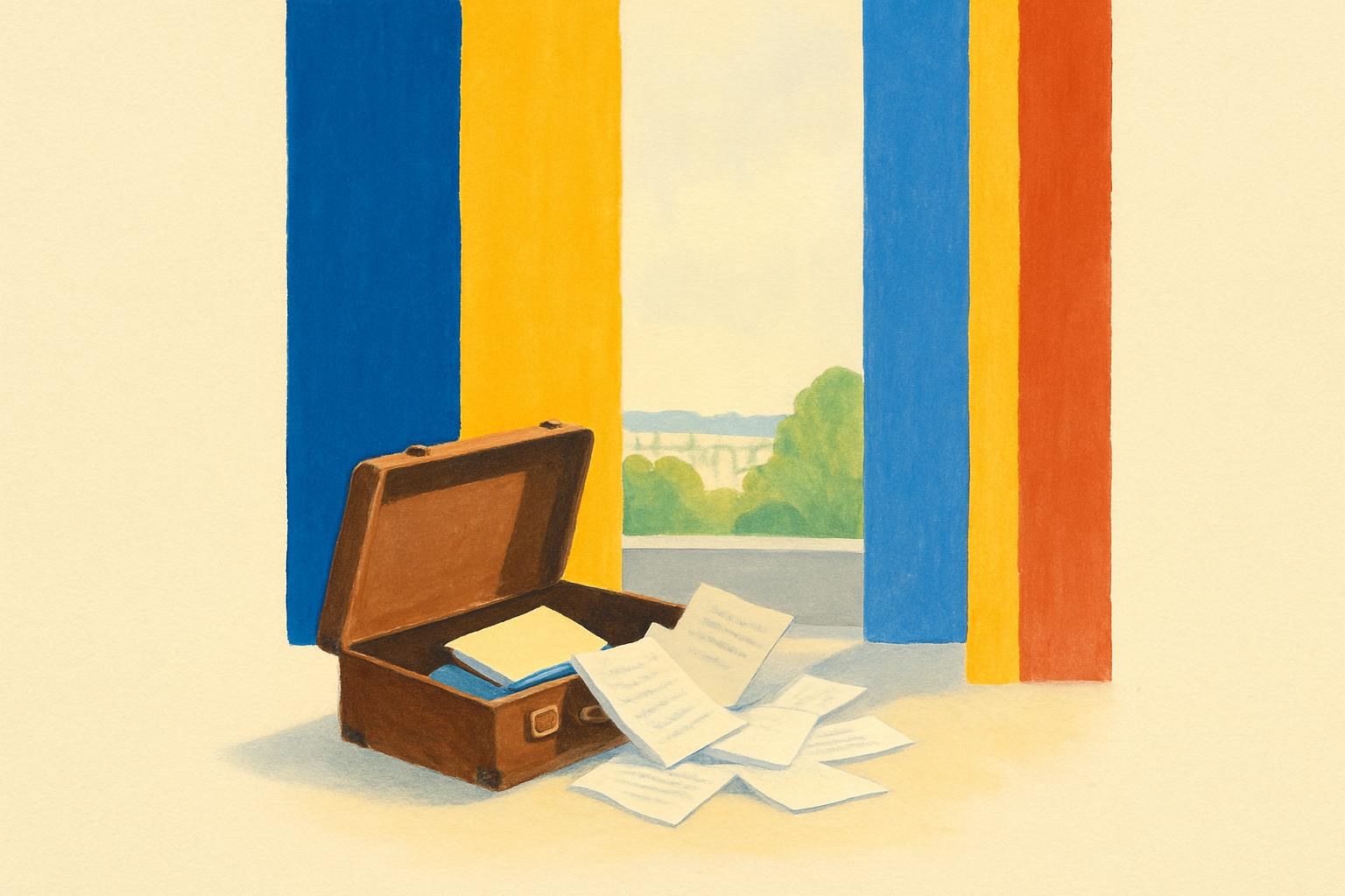 An open suitcase with notebooks spilling out, lit by pale afternoon light from a Paris window.